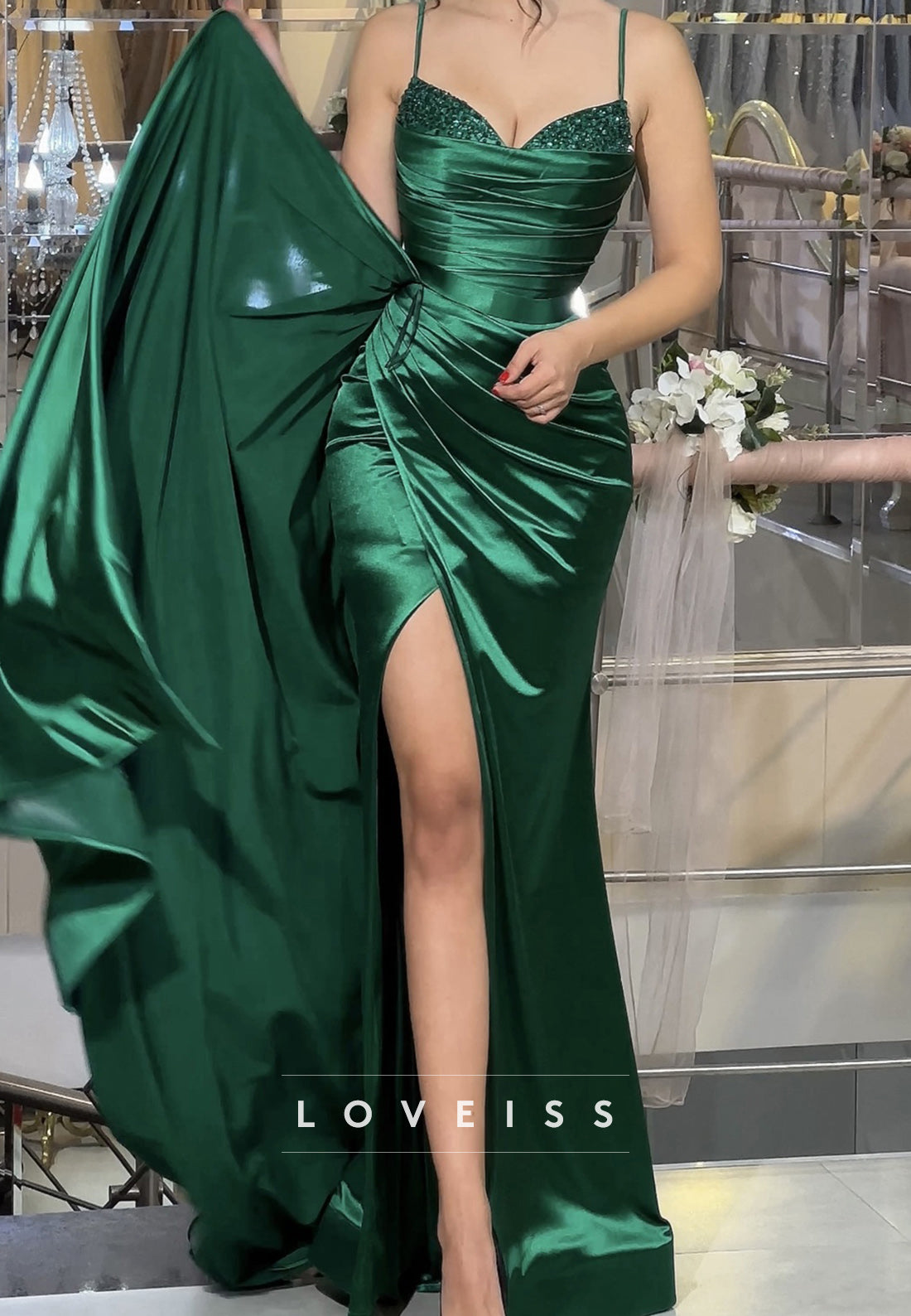 V-Neck Spaghetti Straps Sequins Pleated Side Slit Sheath Prom Dress