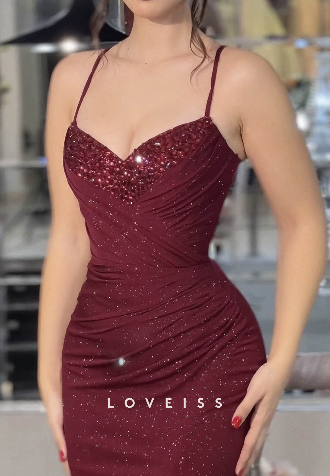 V-Neck Spaghetti Straps Seequins Pleated Side Slit Sheath Evening Dress