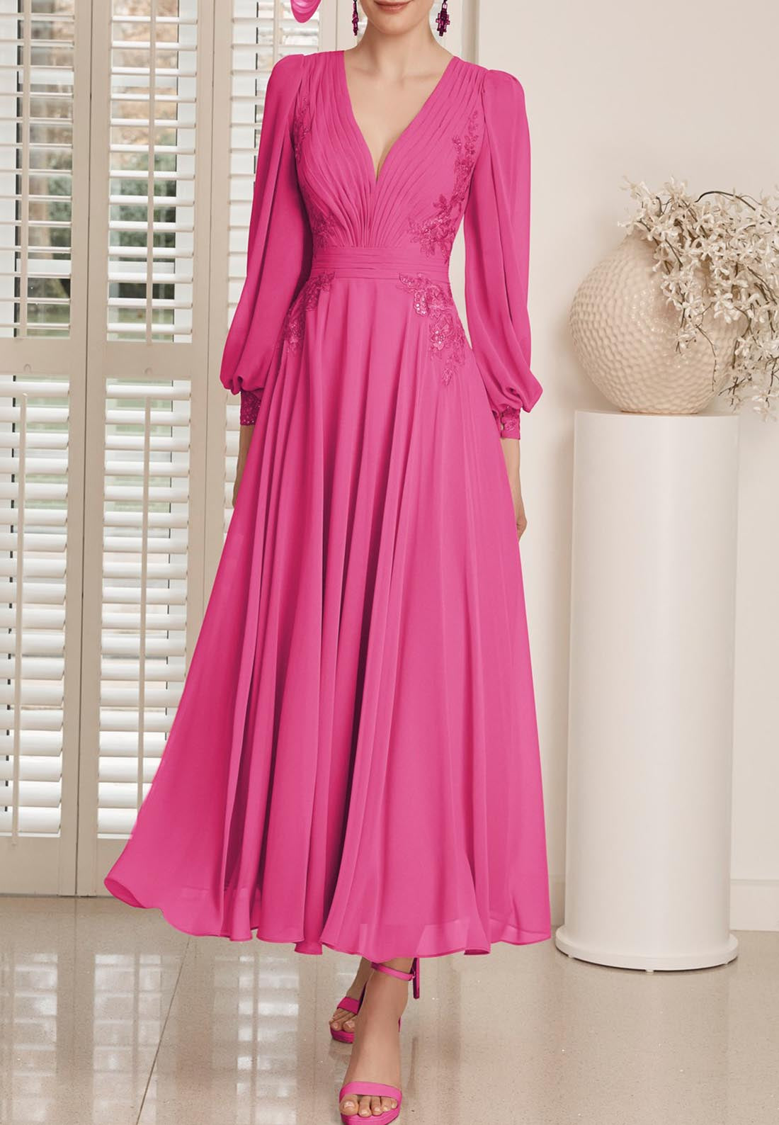 A Line V Neck Chiffon Pleats Appliques Long Sleeves Mother of the Bride Dress for Wedding