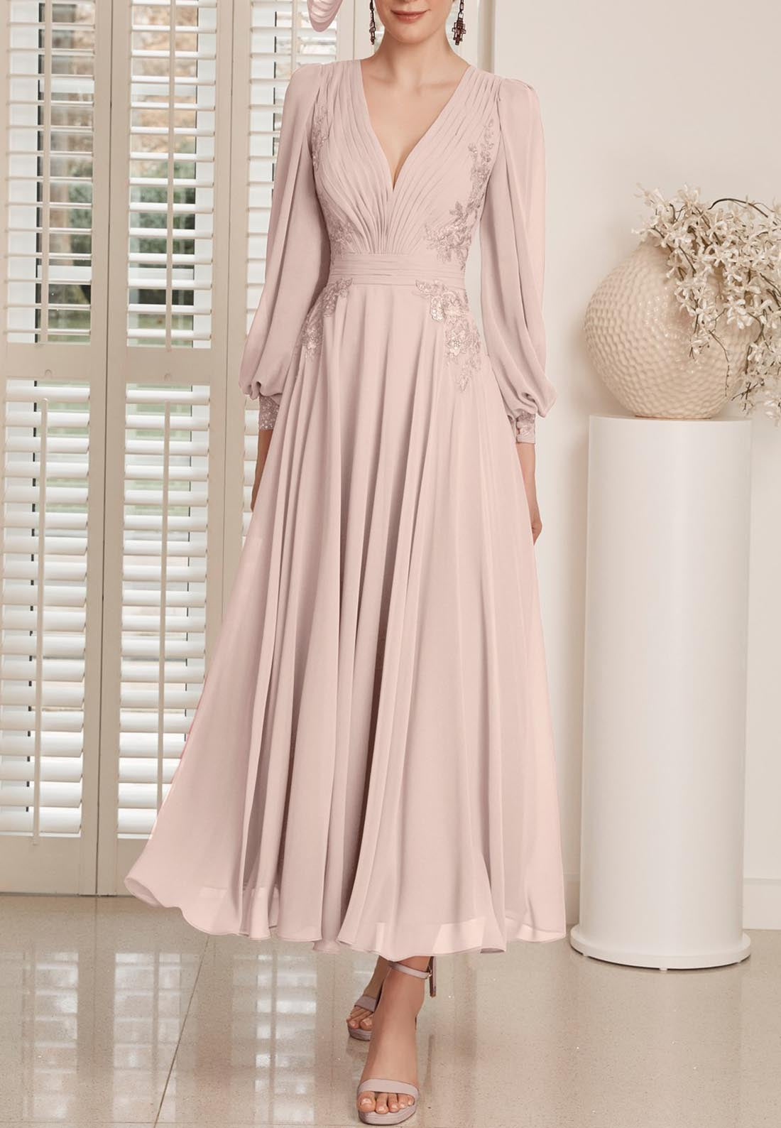 A Line V Neck Chiffon Pleats Appliques Long Sleeves Mother of the Bride Dress for Wedding