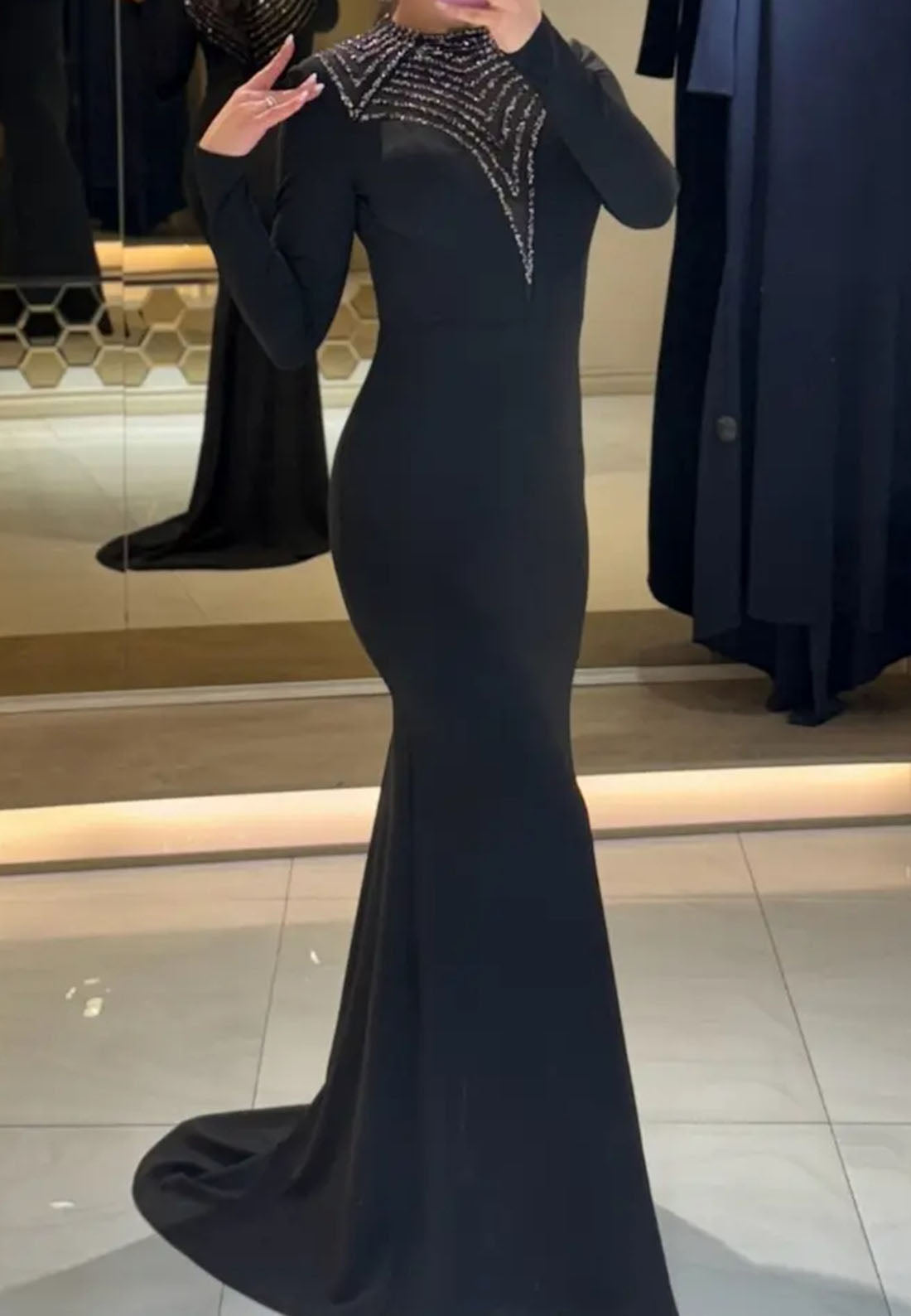 Half High Necck Long Sleeves Beaded Mermaid Evening Dress