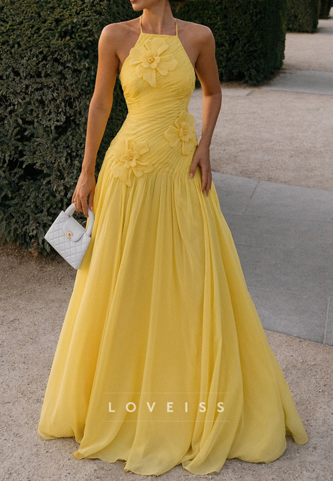 Halter Floral Embellished Pleated A-Line Prom Dress