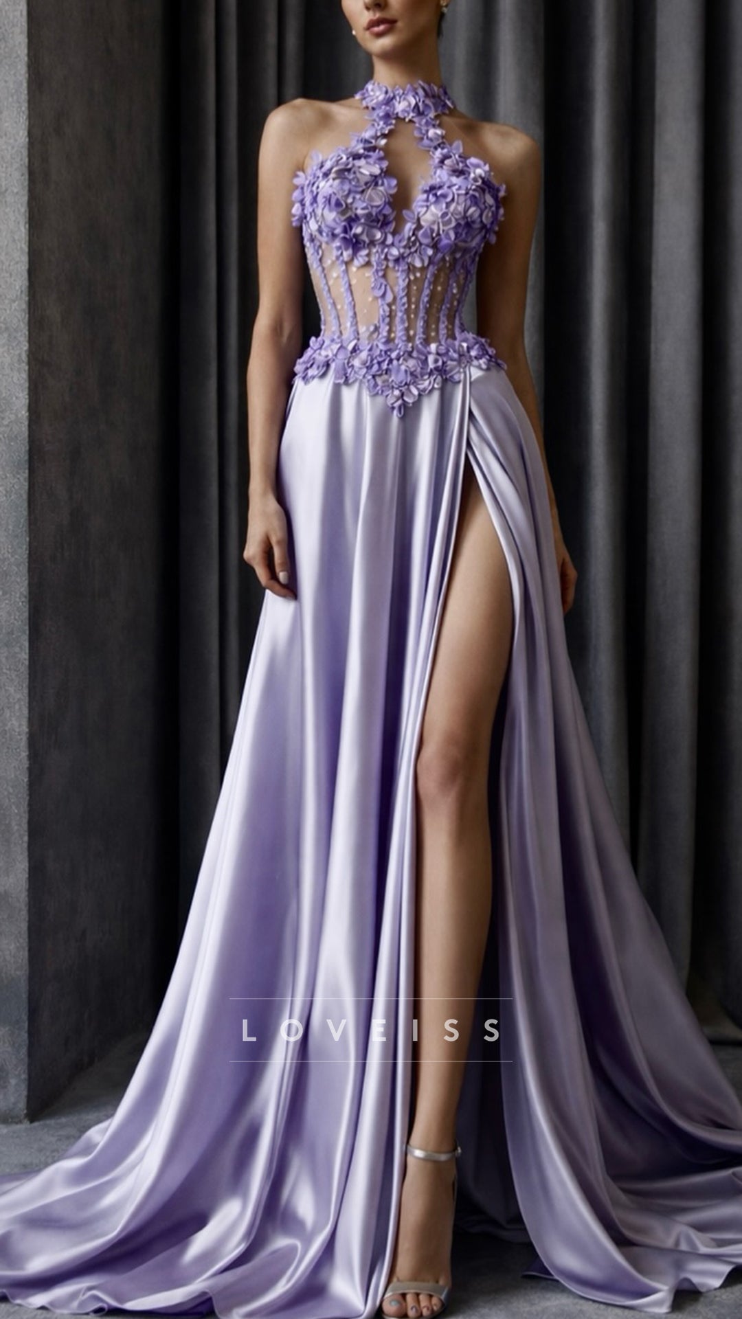 Halter Floral Embellished Satin A-Line Prom Dress