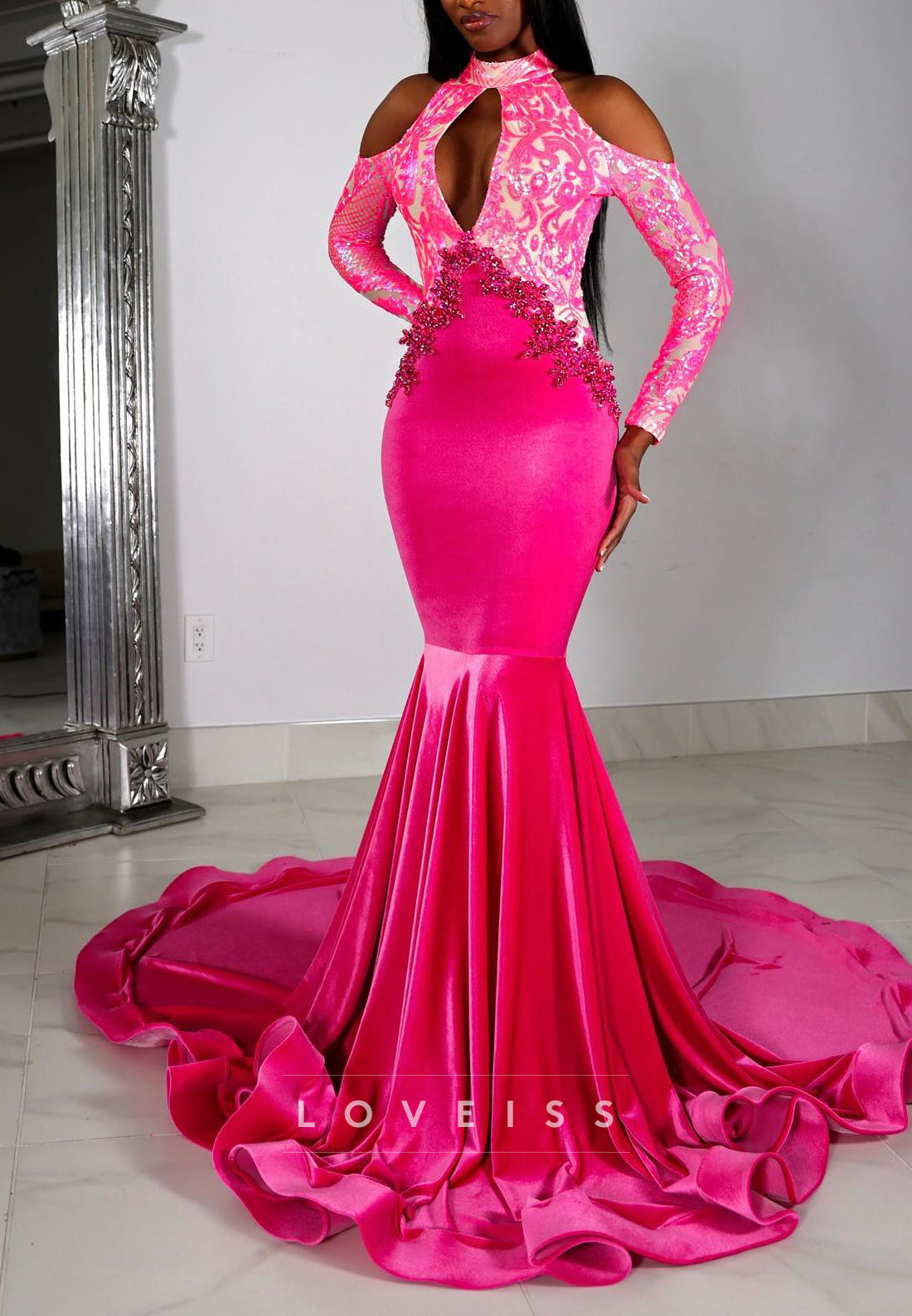 Halter Long Sleeves Appliques Mermaid Prom Dress for Black Girls