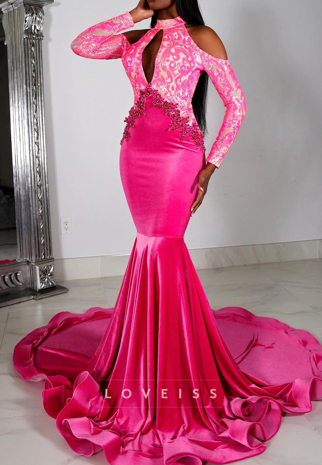 Halter Long Sleeves Appliques Mermaid Prom Dress for Black Girls