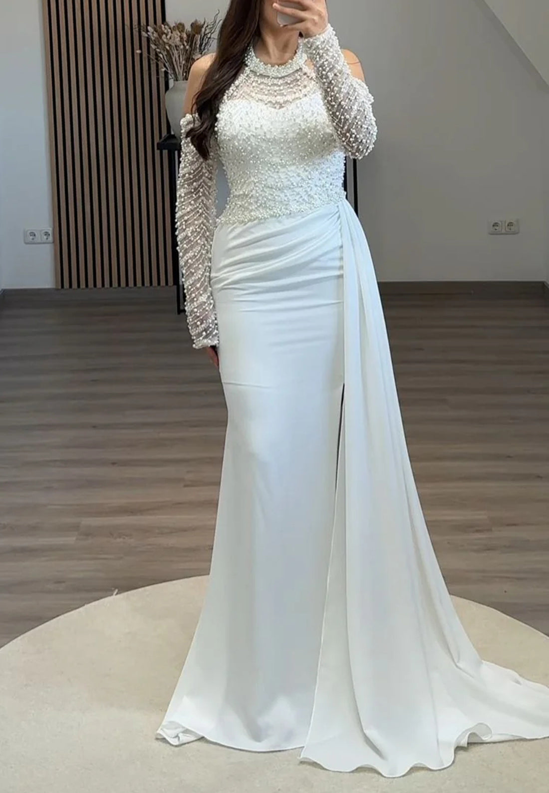 Halter Long Sleeves Beaded Emboridery Pleated Sheath Formal Dress