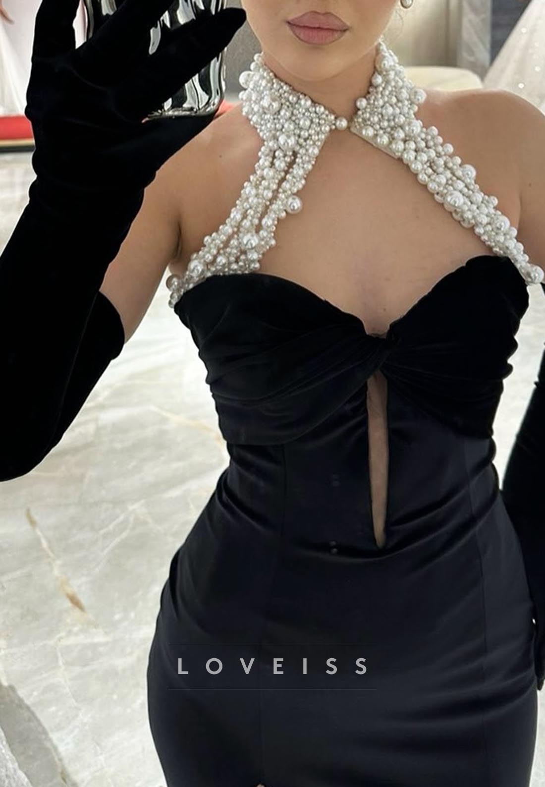 Halter Pearl Sleeveless Side Side Slit Sheath Prom Dress