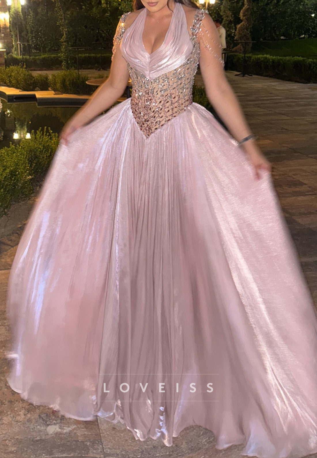 Halter Pleated V-Neck Sparkly Prom Dress with Beading