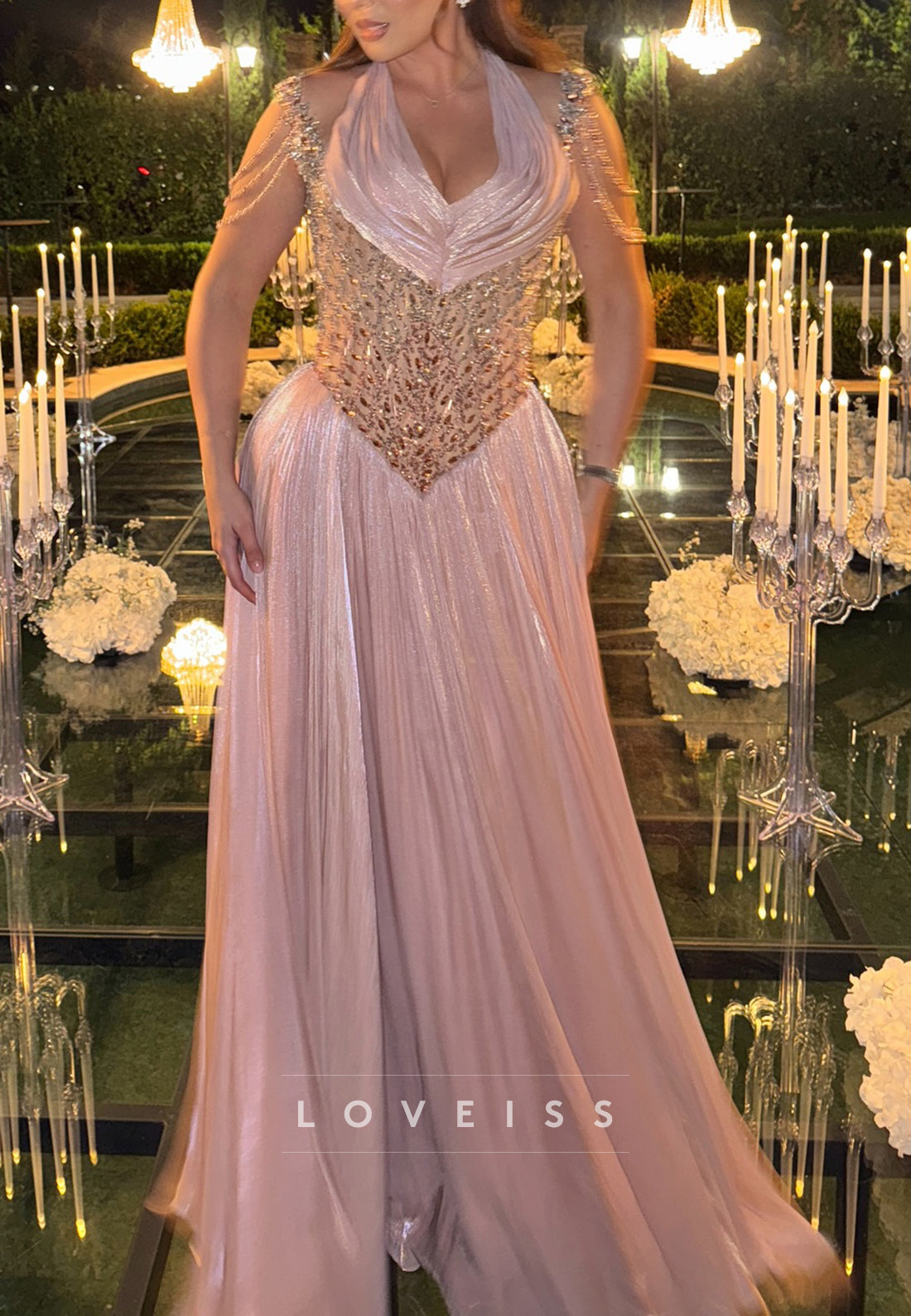 Halter Pleated V-Neck Sparkly Prom Dress with Beading