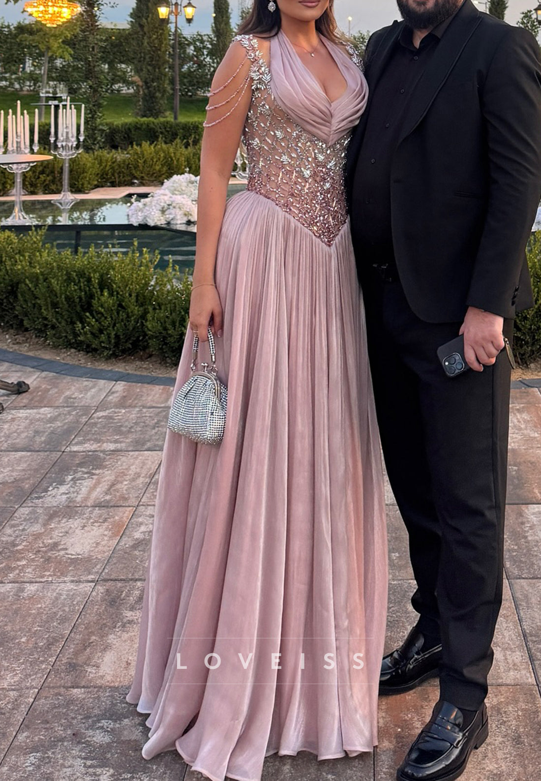 Halter Pleated V-Neck Sparkly Prom Dress with Beading