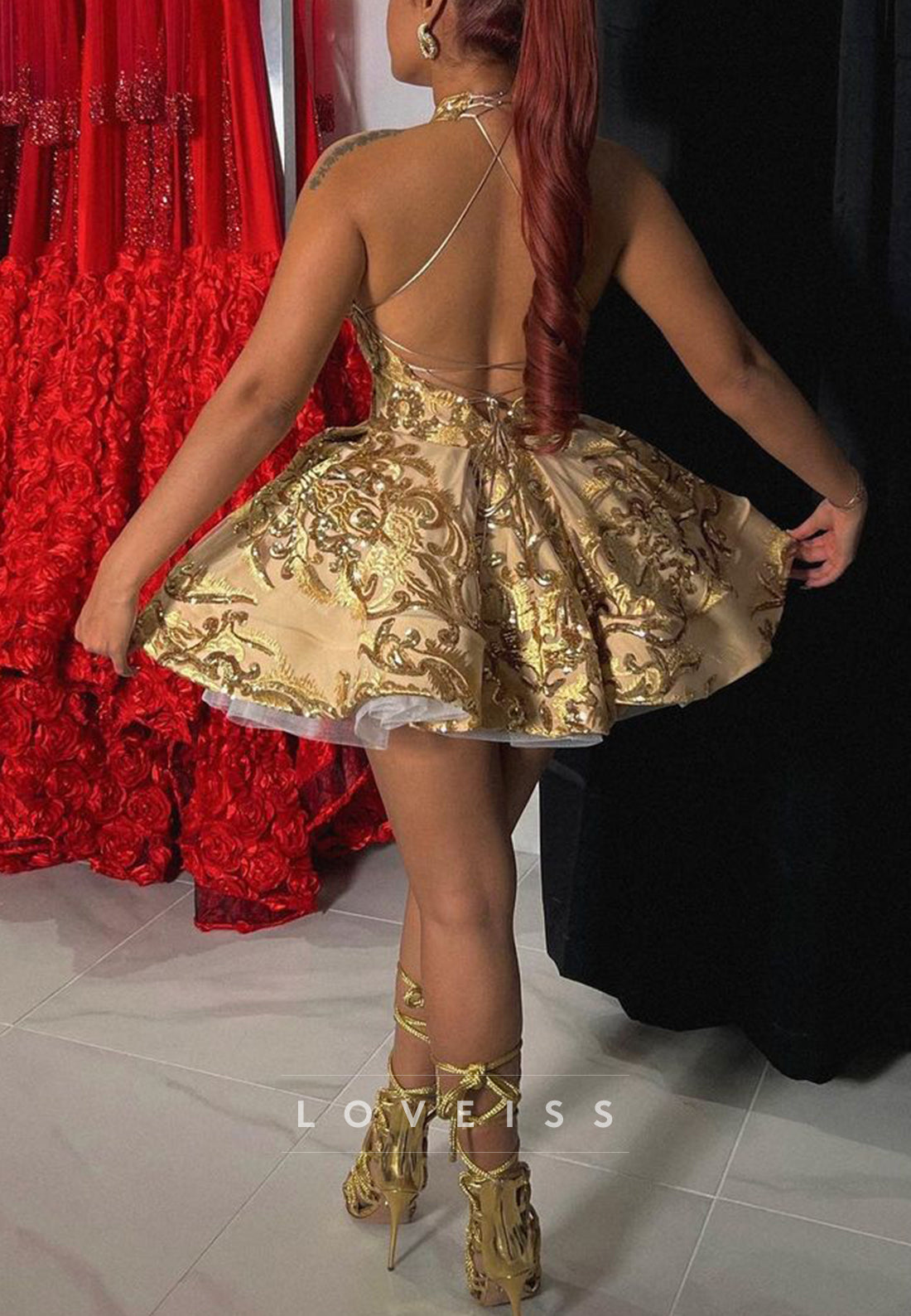 A Line Bateau Lace Short Homecoming Dress for Black Girl Gold Prom Party Dress