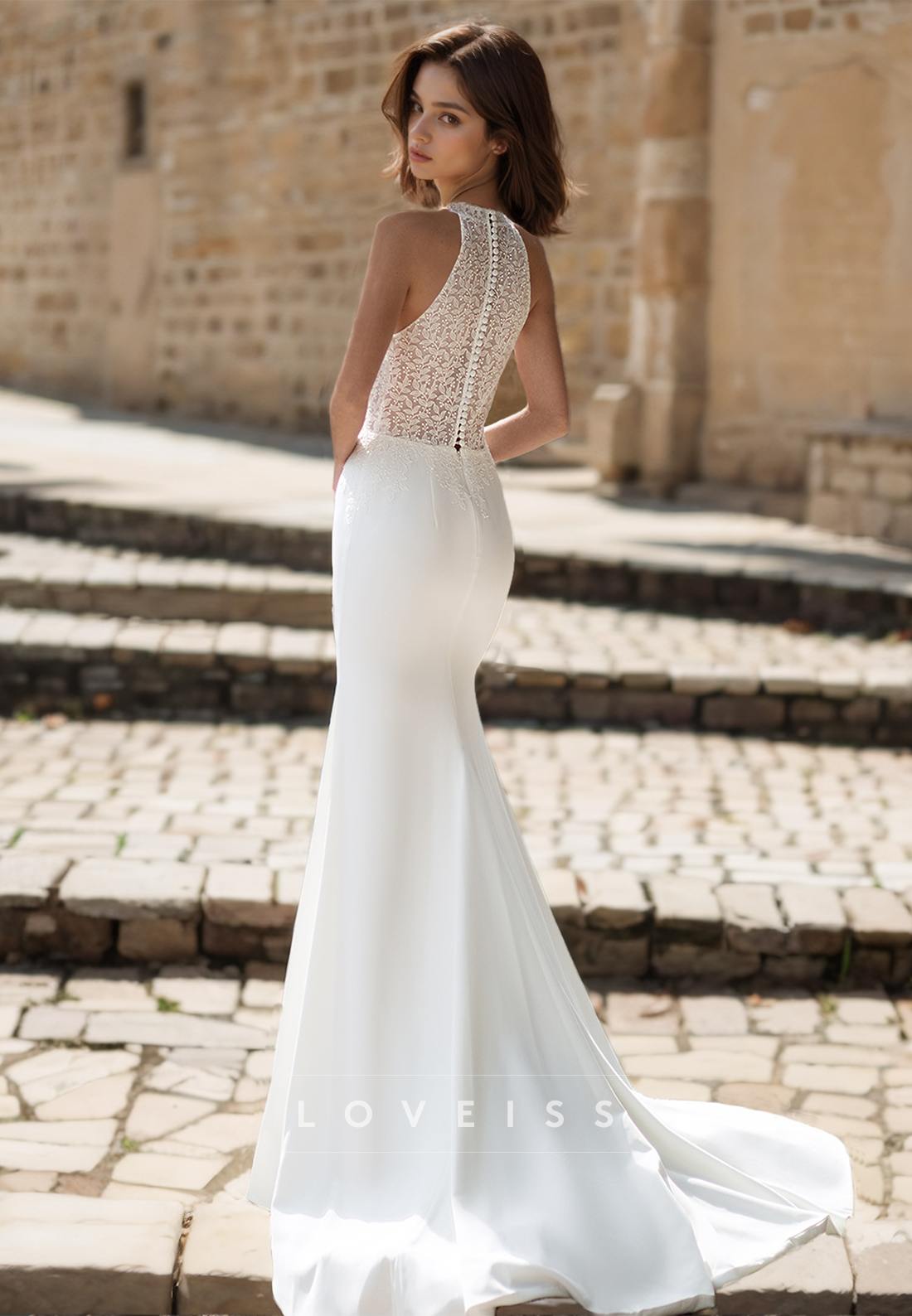 Halter Sleeveless Appliques Sleek Mermaid Removable Train Wedding Dress