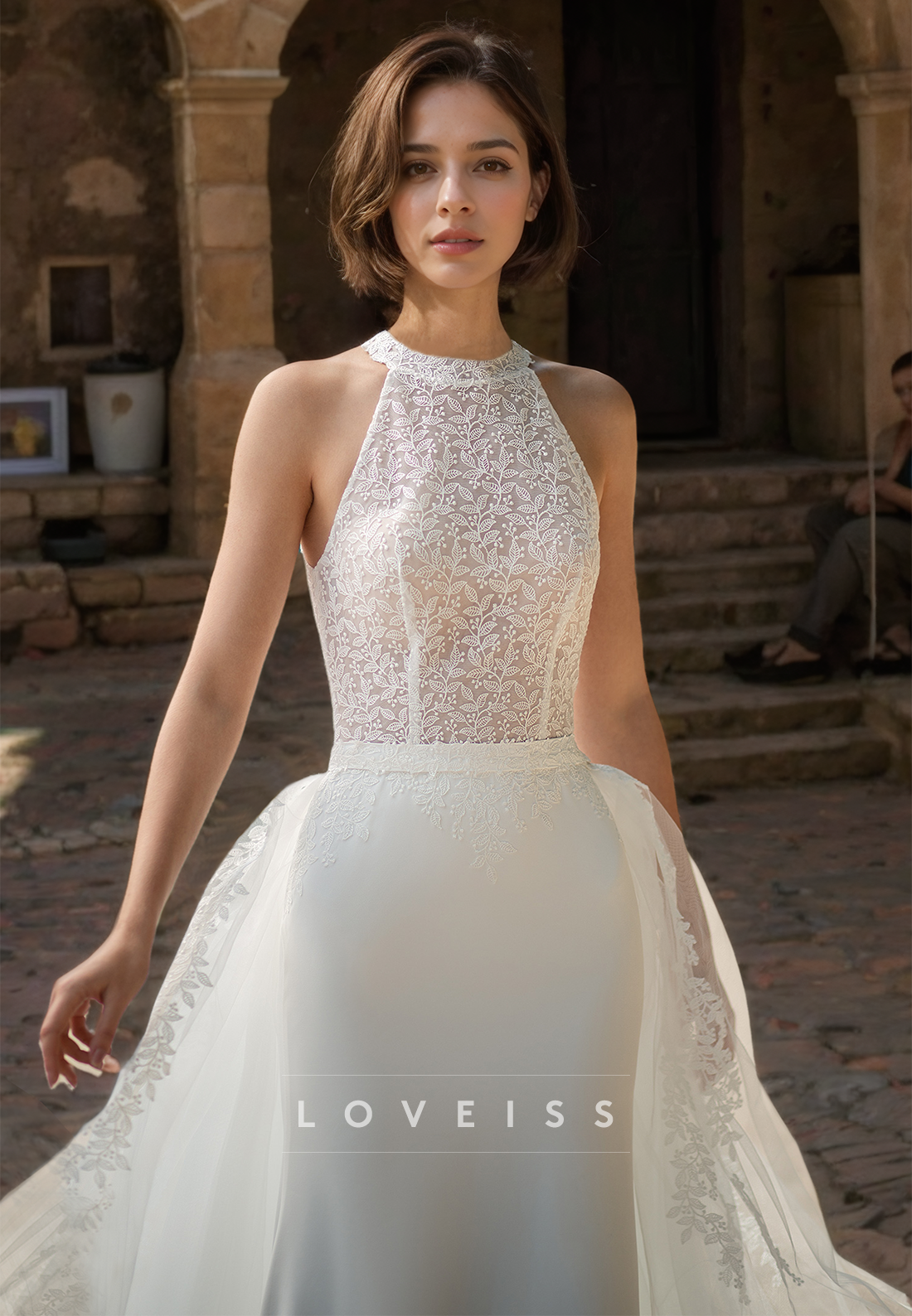 Halter Sleeveless Appliques Sleek Mermaid Removable Train Wedding Dress