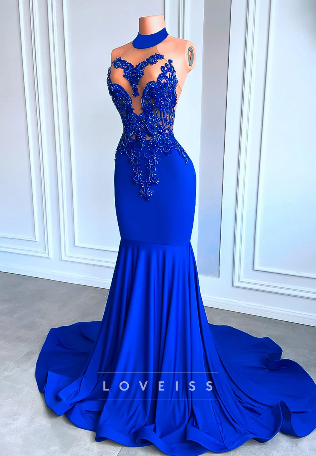 Halter Sleeveless Beaded Pleated Mermaid Prom Dress for Black Girls