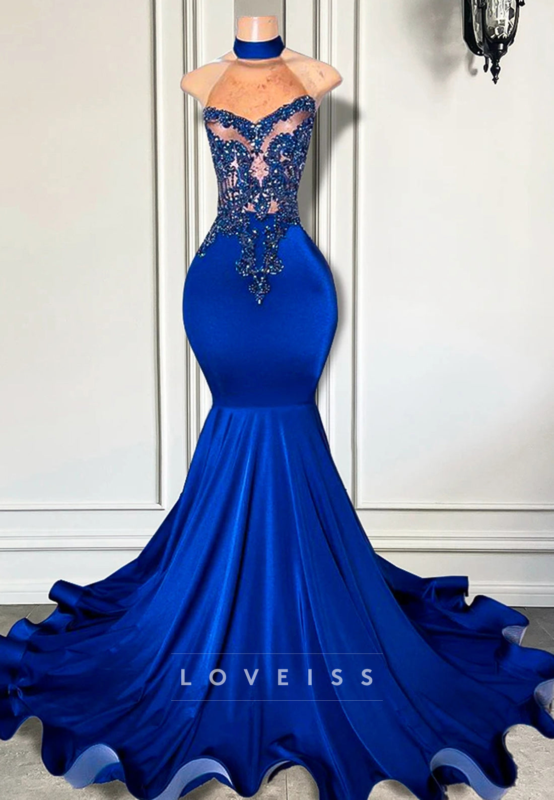 Halter Sleeveless Beaded Pleated Mermaid Prom Dress for Black Girls