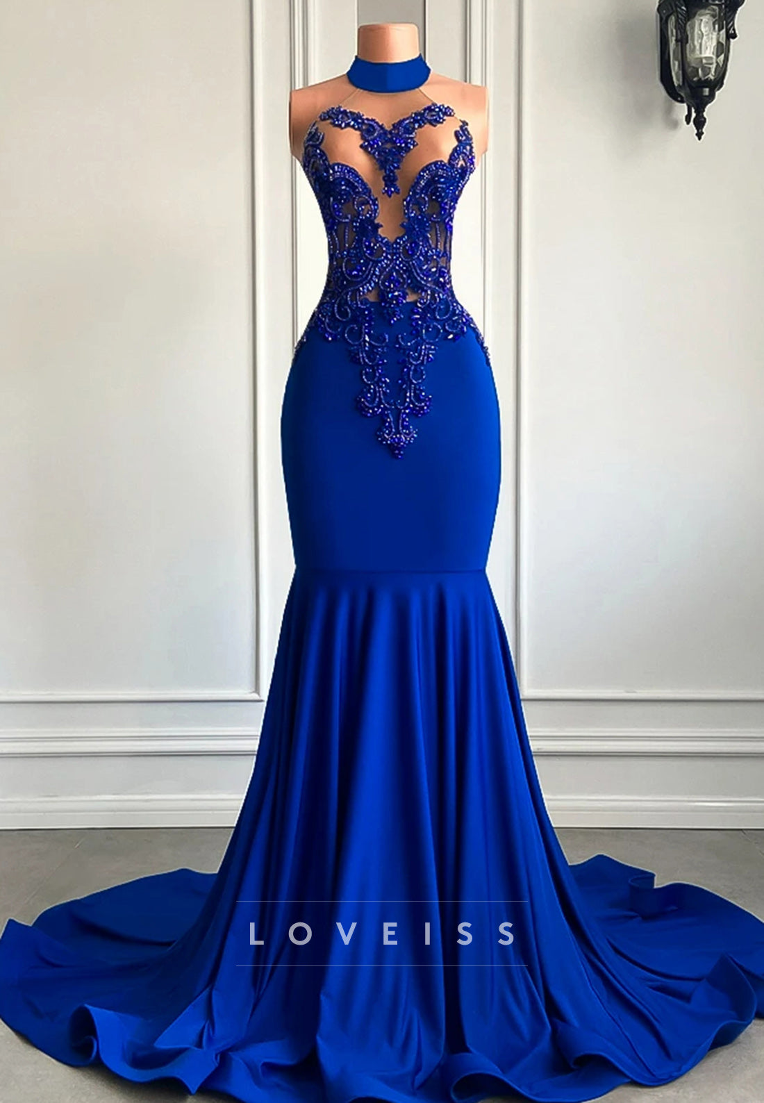 Halter Sleeveless Beaded Pleated Mermaid Prom Dress for Black Girls