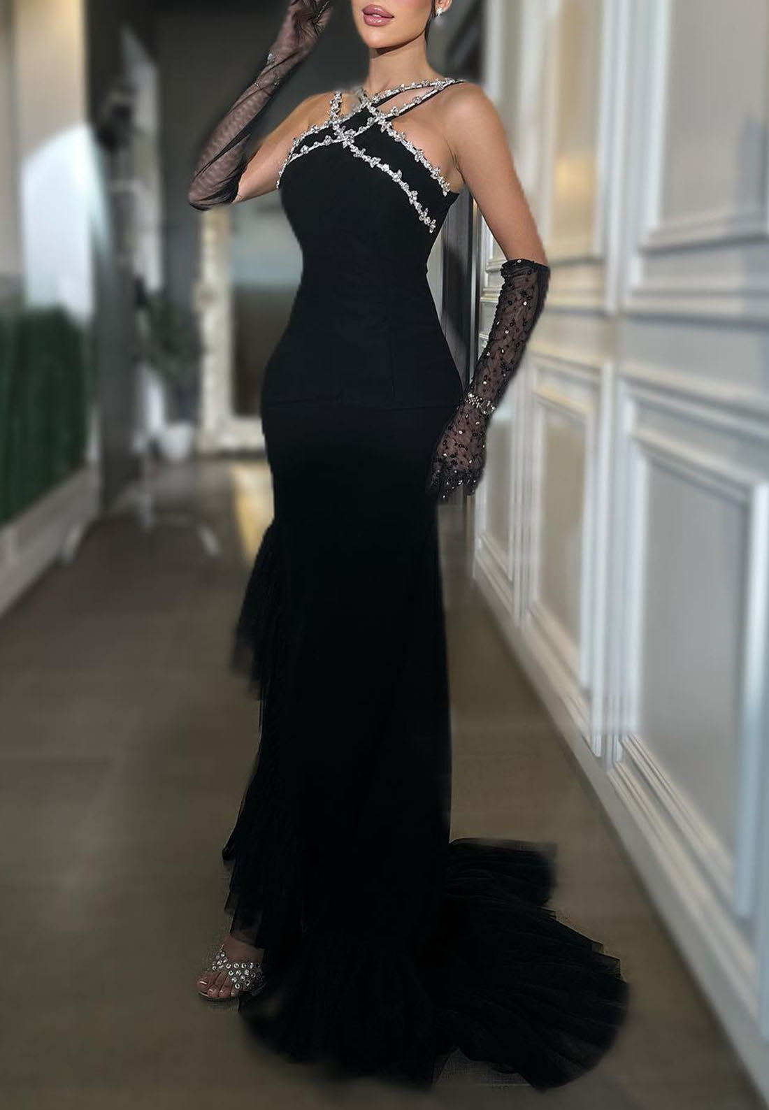 Halter Sleeveless Beaded Ruffled Mermaid Evening Dress