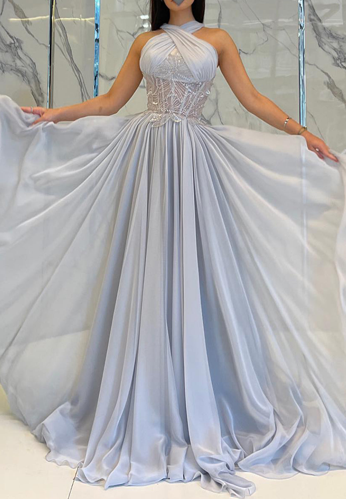 Halter Sleeveless Chiffon Pleated Appliques A-Line Prom Dress