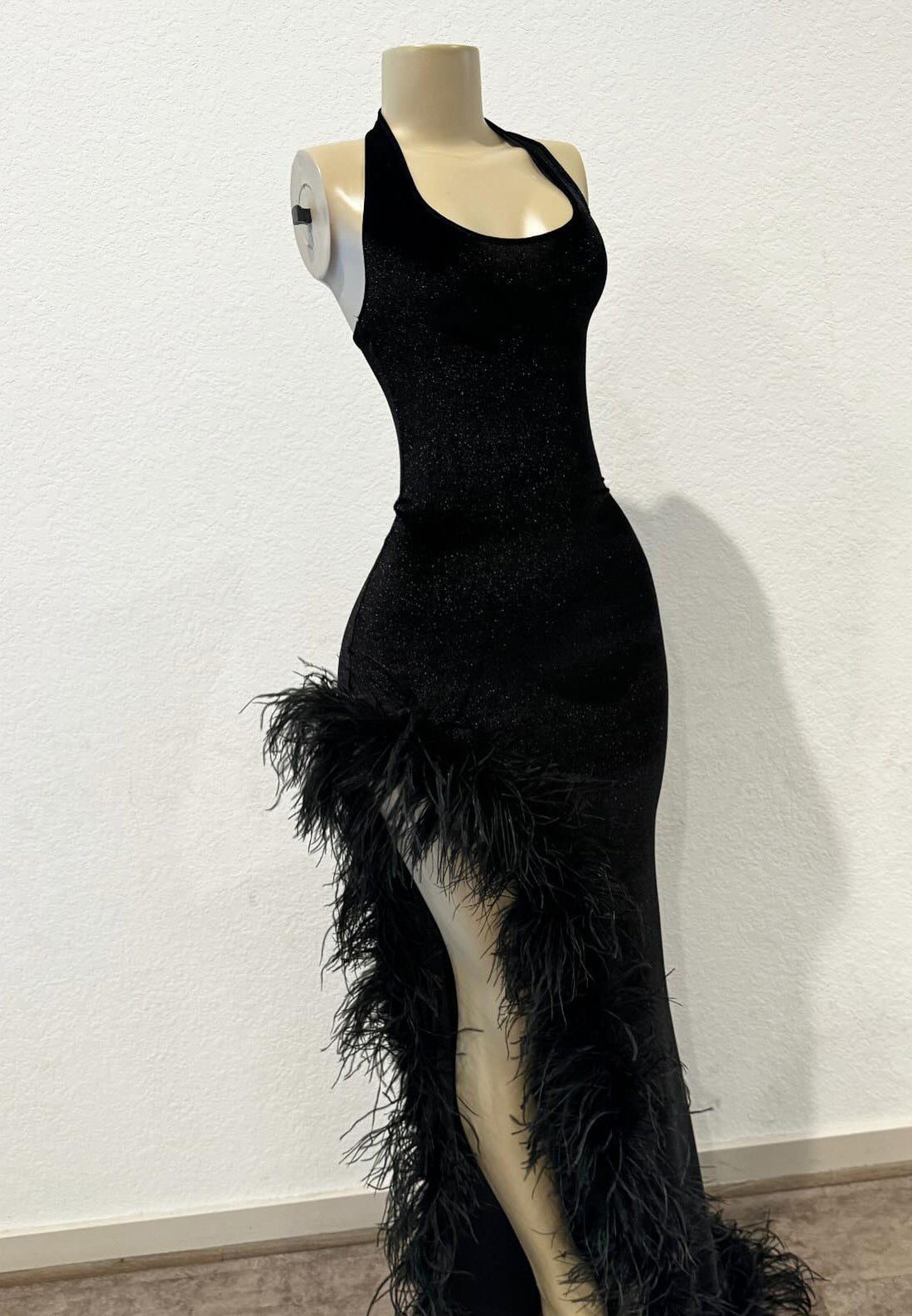 Halter Sleeveless Feathered Side Slit Mermaid Prom Dress for Black Girls