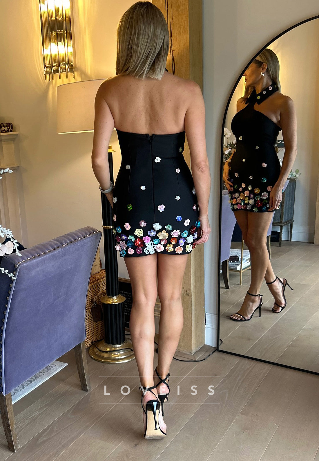 Halter Sleeveless Floral Appliques Sheath Party Homecoming Dress