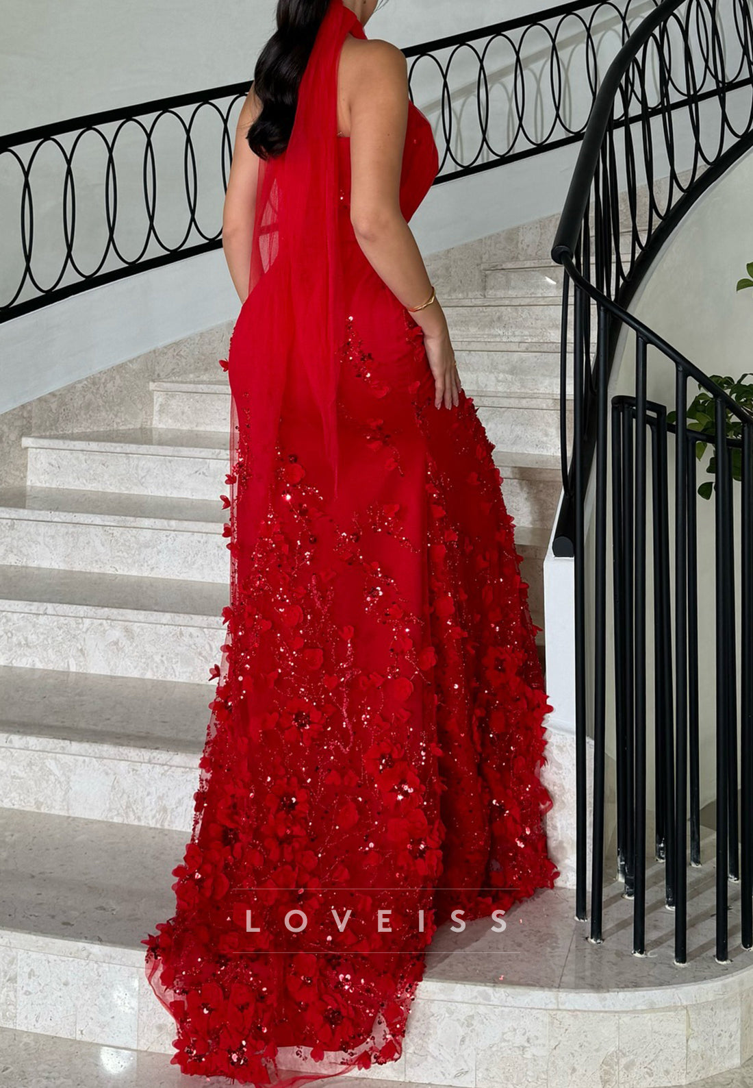 Halter Sleeveless Floral Embellished Prom Dress Mermaid Evening Dress
