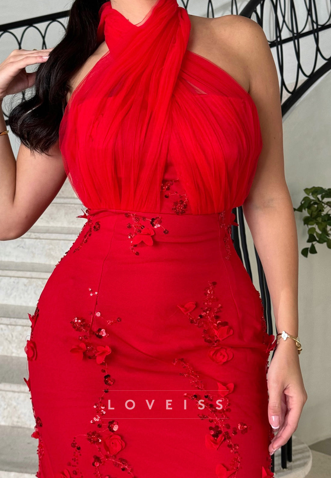 Halter Sleeveless Floral Embellished Prom Dress Mermaid Evening Dress