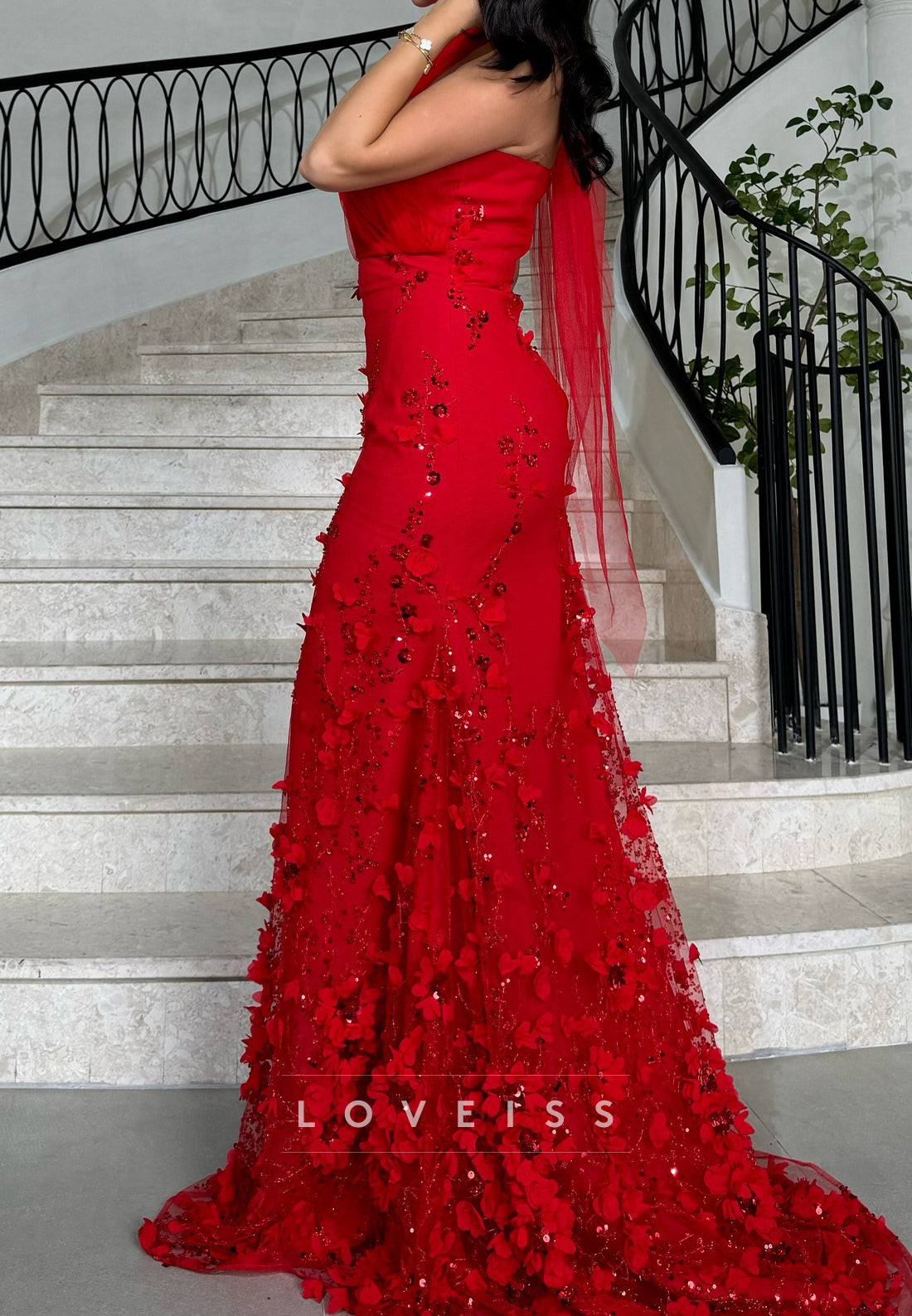 Halter Sleeveless Floral Embellished Prom Dress Mermaid Evening Dress