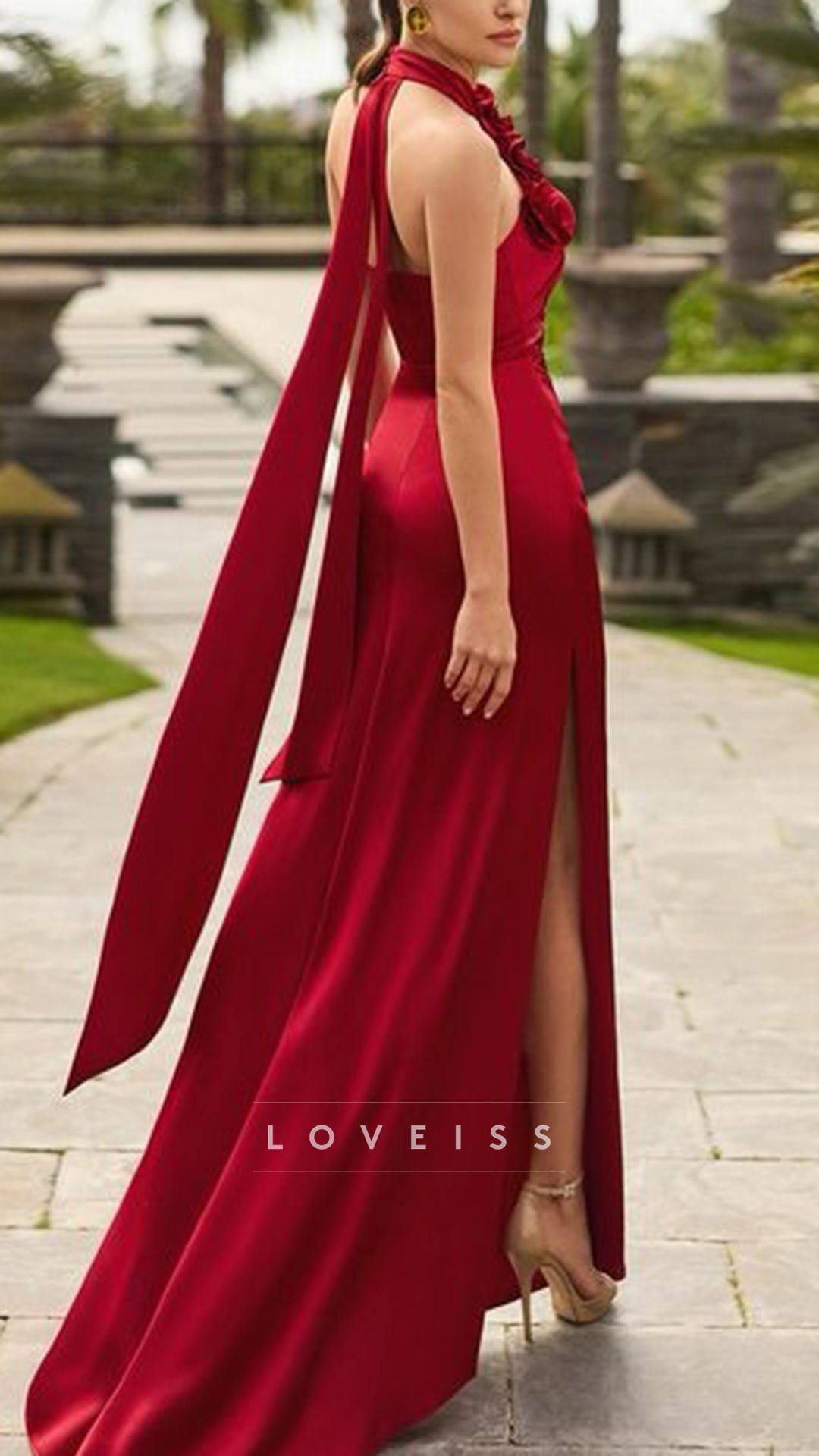 Halter Sleeveless Floral Embellished Satin Sheath Evening Dress