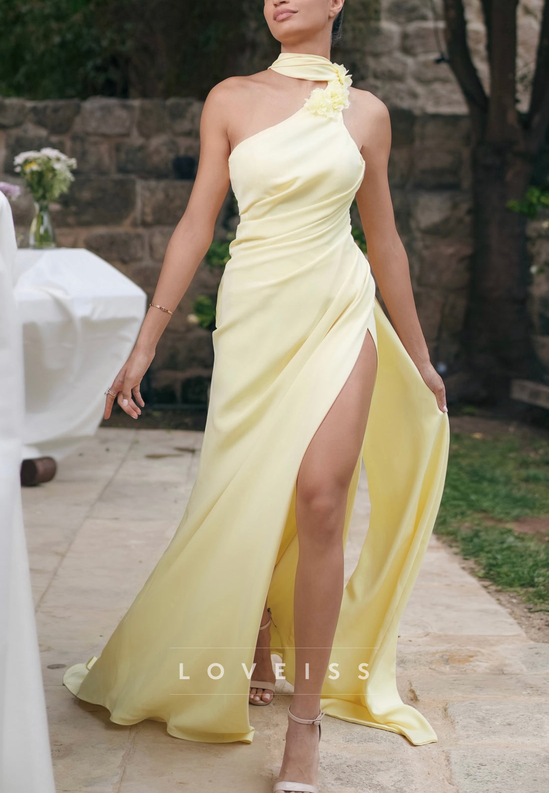 Halter Sleeveless Floral Embellished Sheath Prom Dress