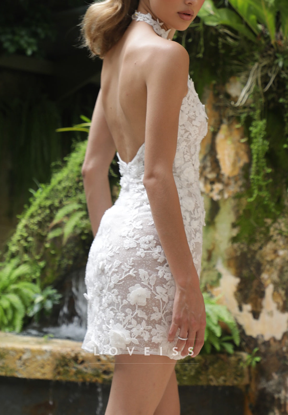 Halter Sleeveless Floral Embellished Sheath Short Wedding Dress