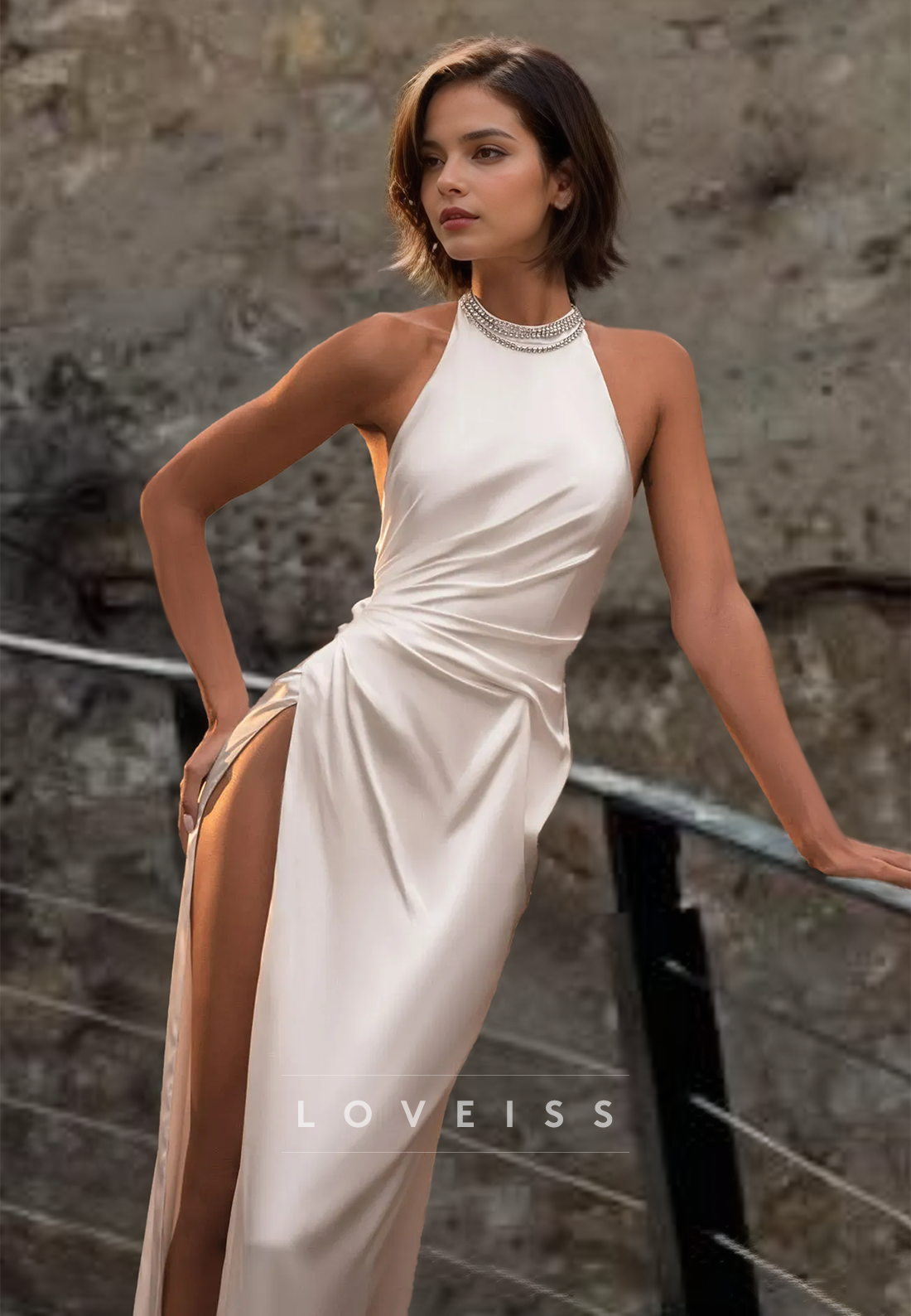 Halter Sleeveless High Slit Sleek Sheath Beach Wedding Dress