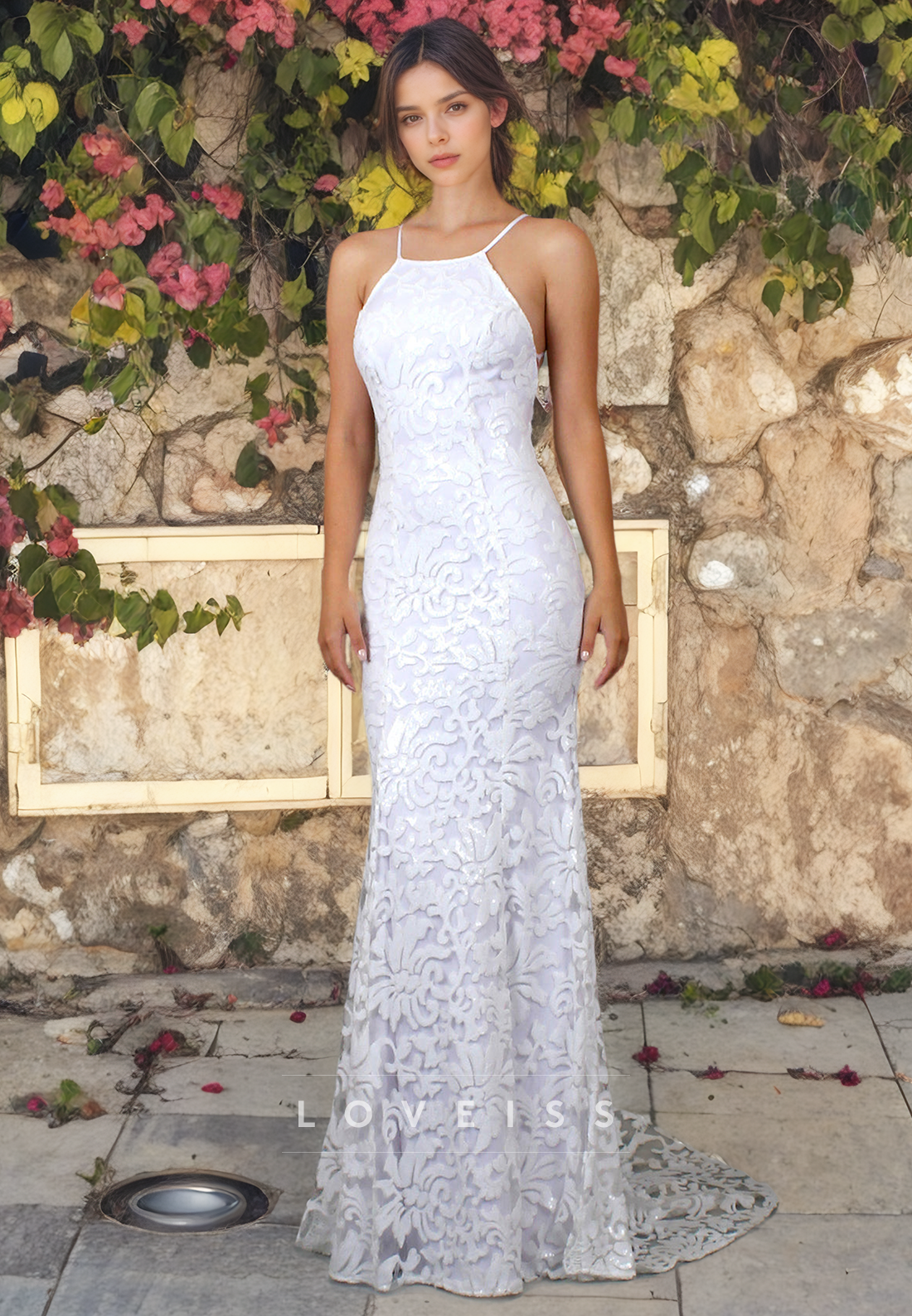 Halter Sleeveless Open Back Appliques Mermaid Beach Wedding Dress