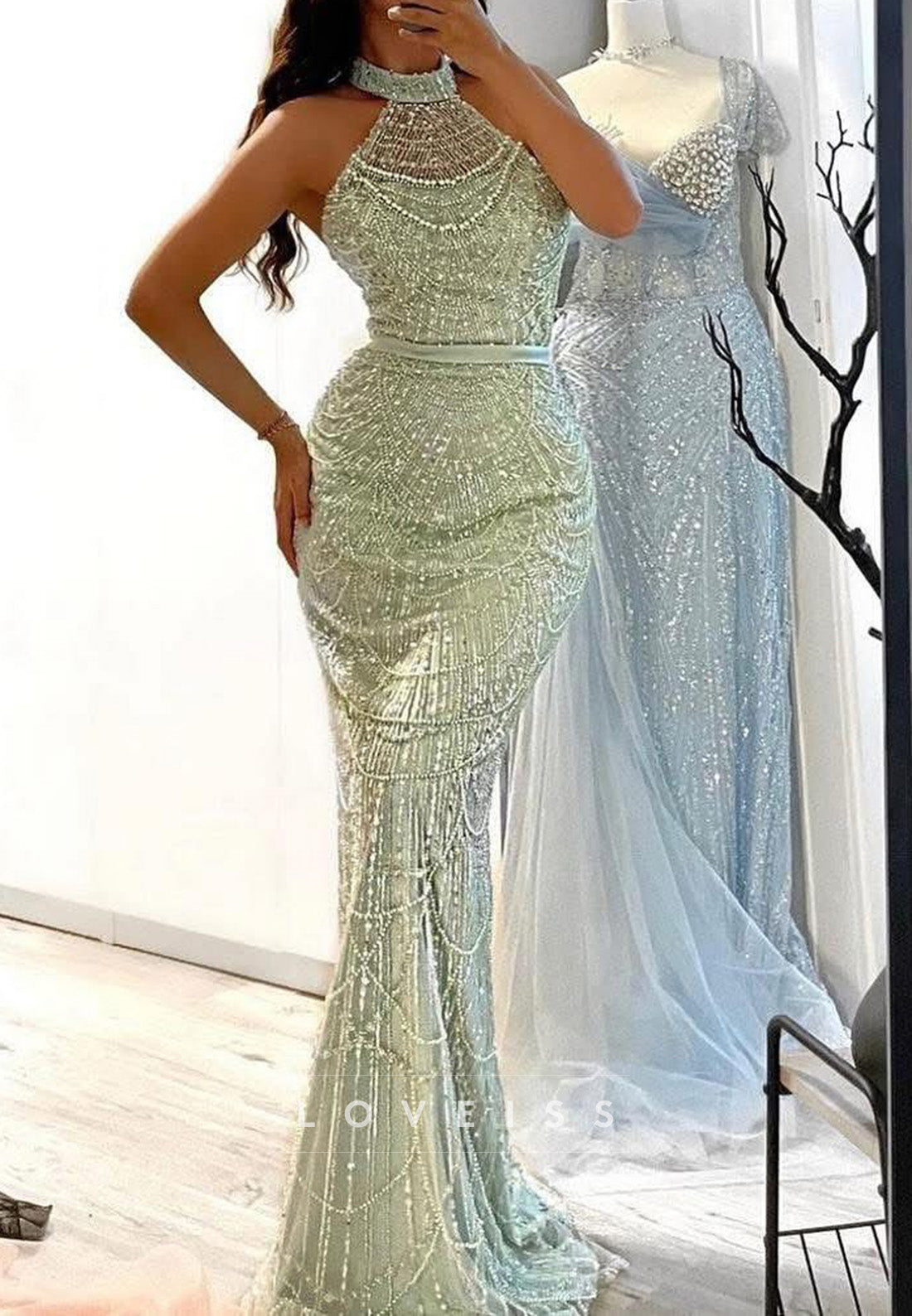 Halter Sleeveless Pearl Beaded Embroidery Mermaid Prom Dress