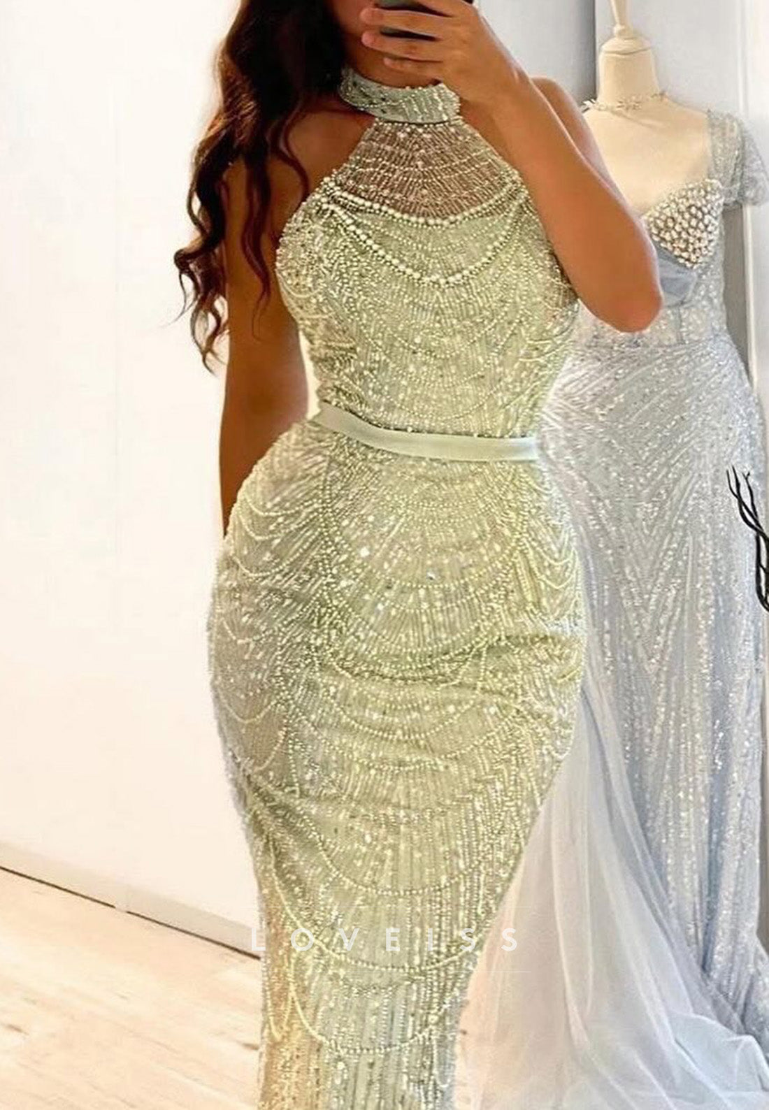 Halter Sleeveless Pearl Beaded Embroidery Mermaid Prom Dress