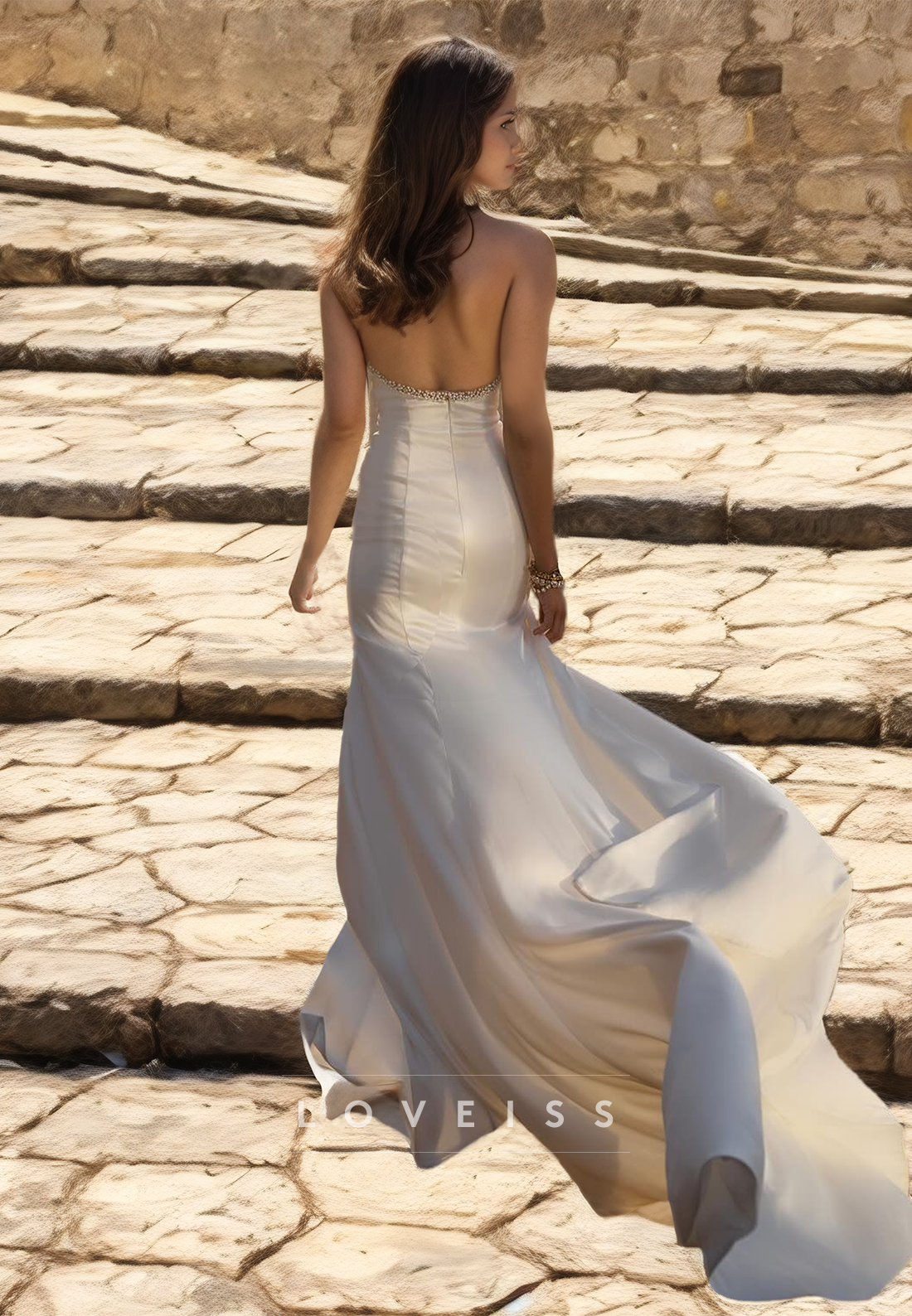 Halter Sleeveless Pearl Beaded Sleek Side Slit Mermaid Wedding Dress