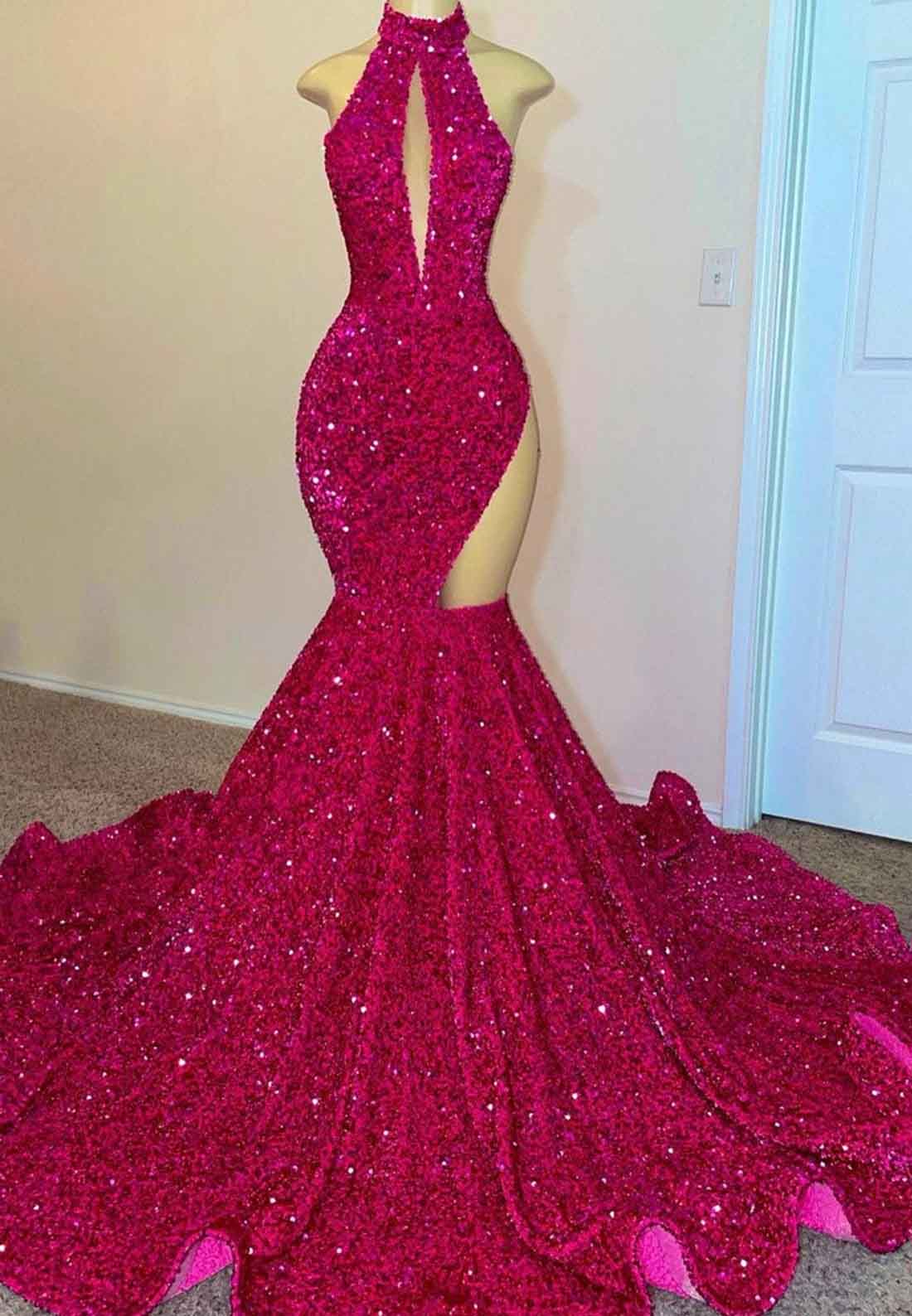 Halter Sleeveless Sequins Illusion Pleated Mermaid Prom Dress for Black Girls
