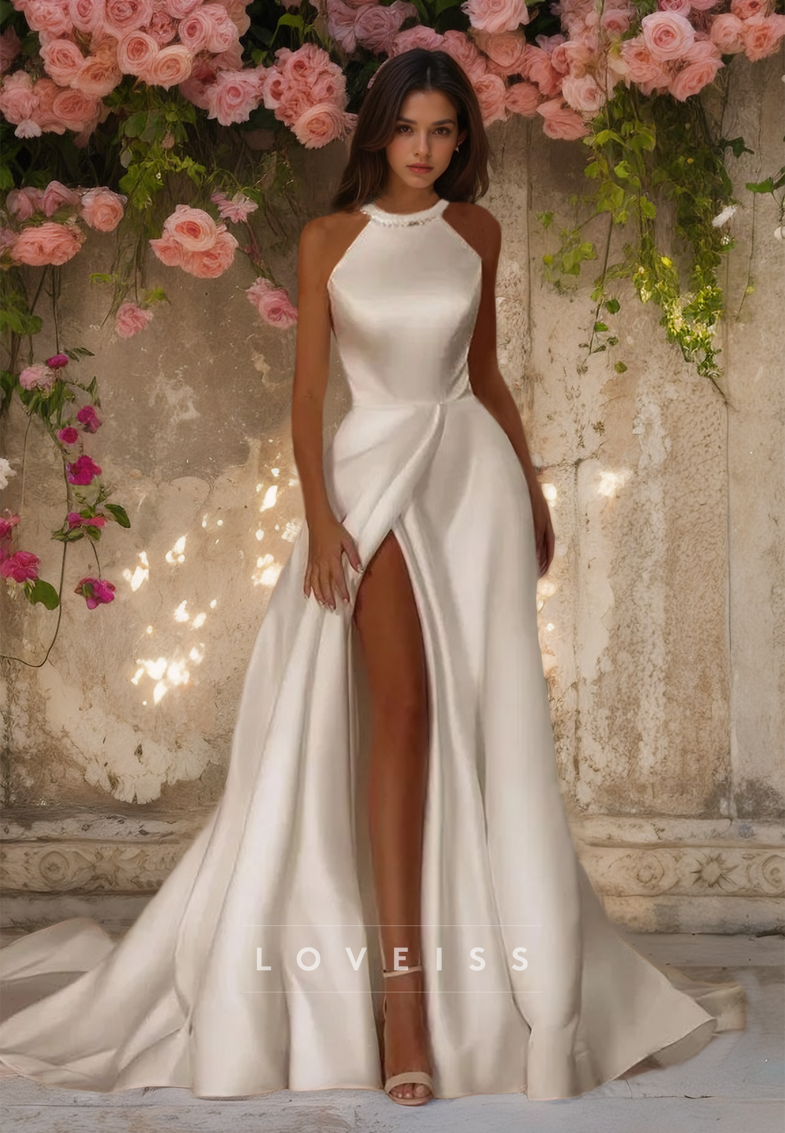 Halter Sleeveless Sleek Satin A-Line Wedding Dress