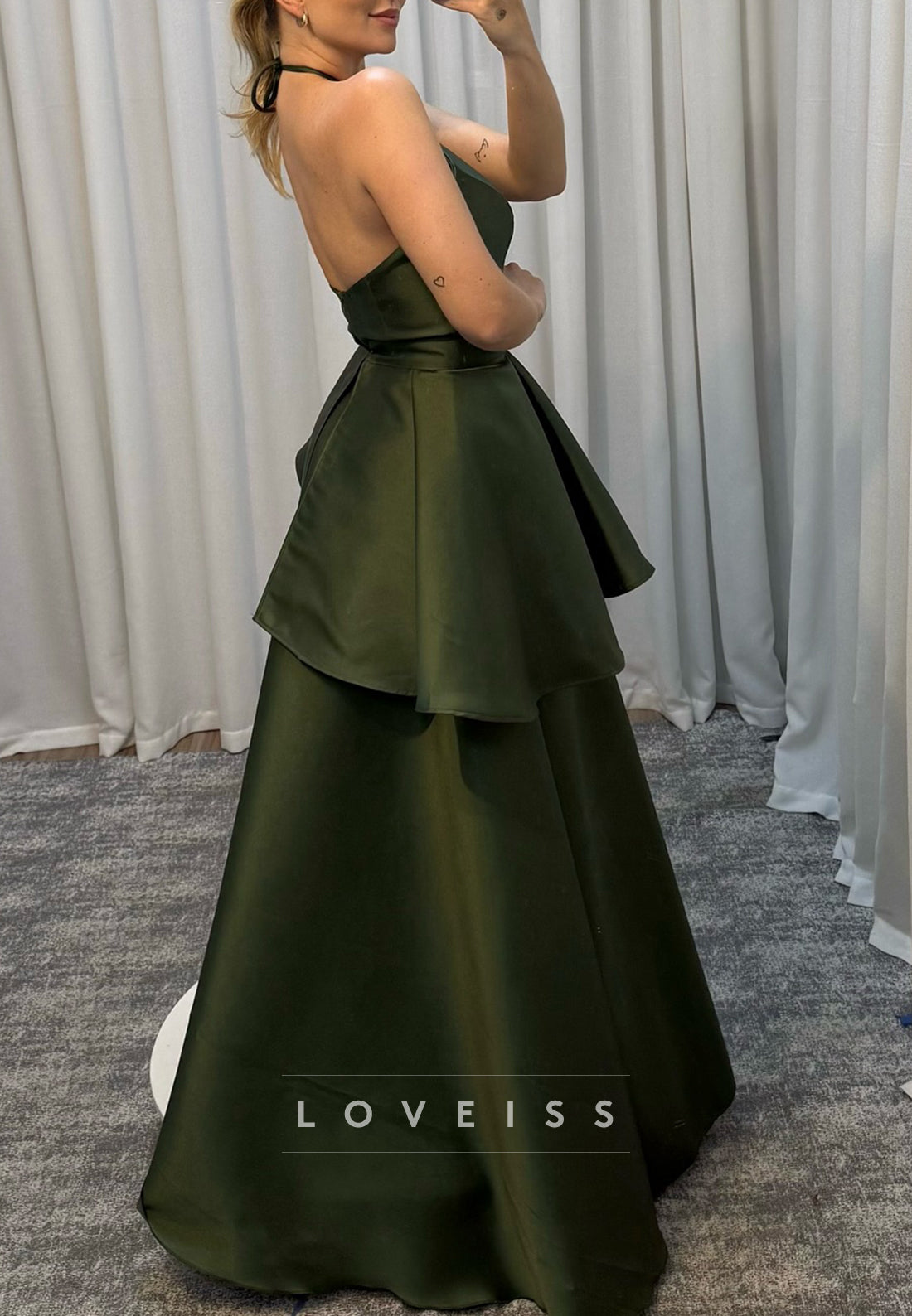 Halter Sleeveless Tiered Satin A-Line Mother of Bride Dress