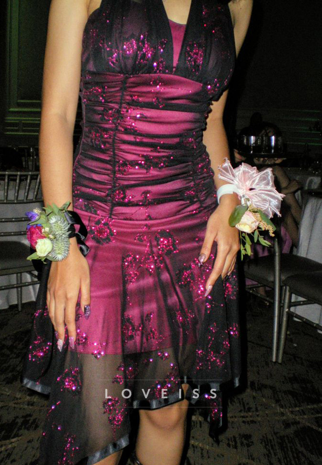 Halter V-Neck Beaded Pleated A-Line Sparkly Party Homecoming Dress