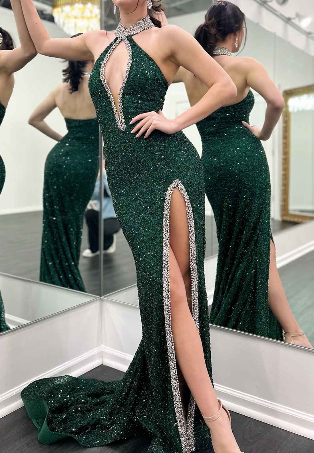 Halter V-Neck Sequins Side Slit Beaded Sheath Sparkly Evening Dress