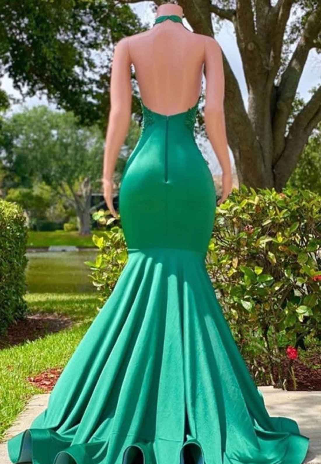 Halter V-Neck Sleeveless Appliques Pleated Mermaid Prom Dress for Black Girls