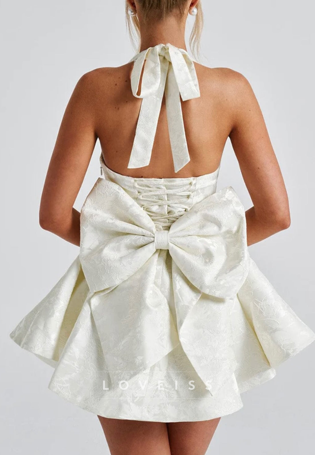 Halter V-Neck Sleeveless Floral Printed Bowknot A-Line Party Homecoming Dress