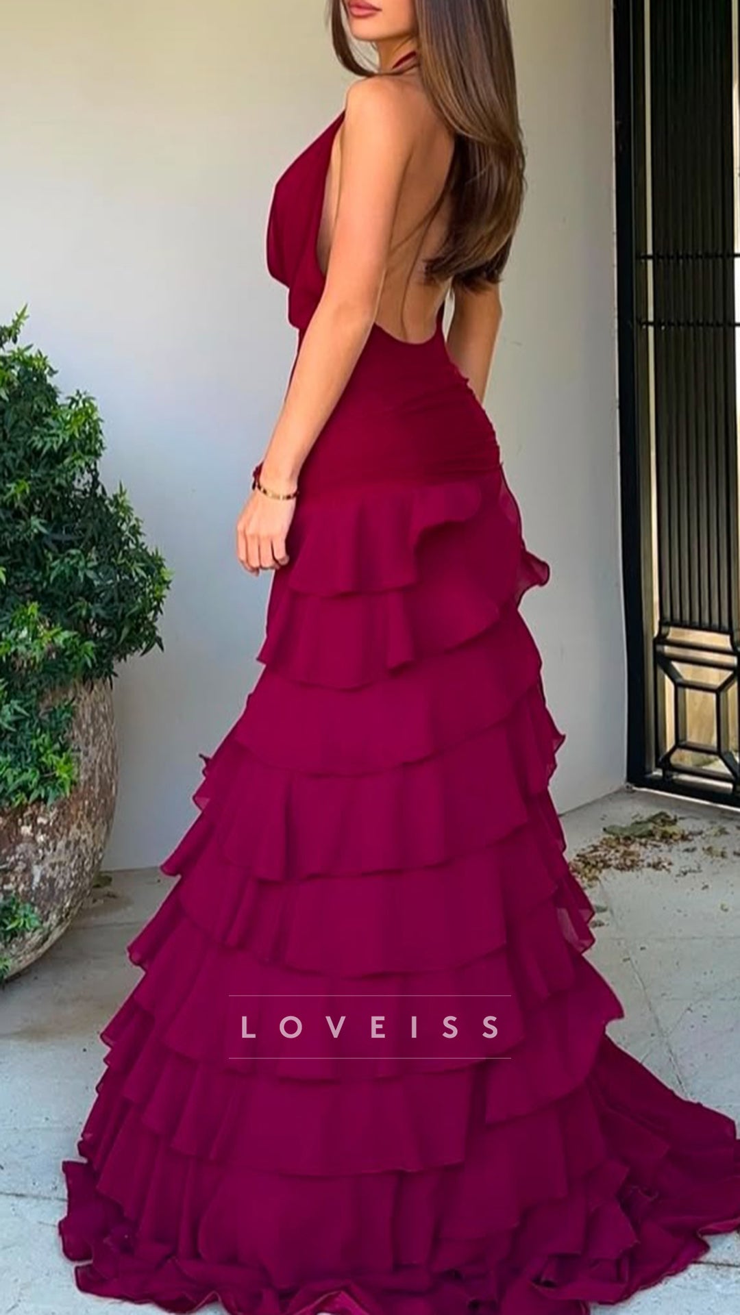 Halter V-Neck Sleeveless Tiered A-Line Prom Dress