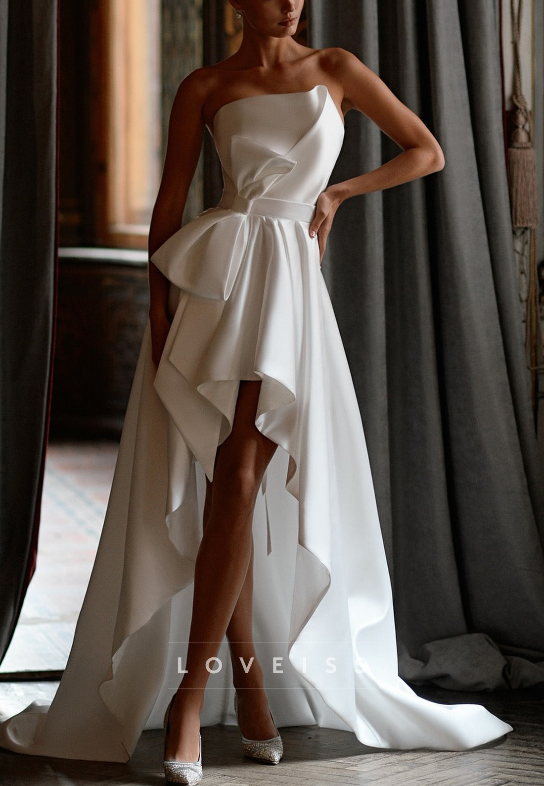 High Low Pleated Asymmetrical A-Line Beach Wedding Dress