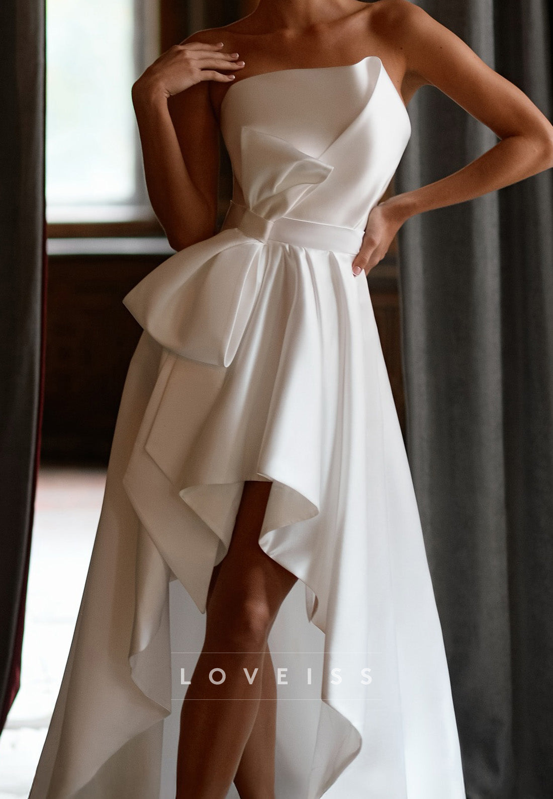 High Low Pleated Asymmetrical A-Line Beach Wedding Dress