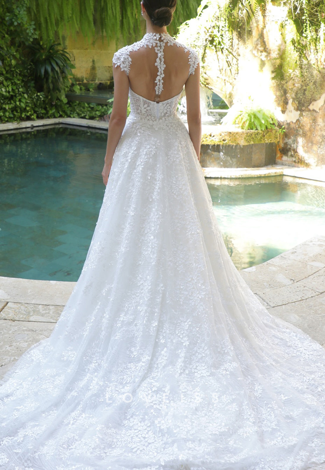 High Neck Cap Sleeves Appliques Mermaid Wedding Dress