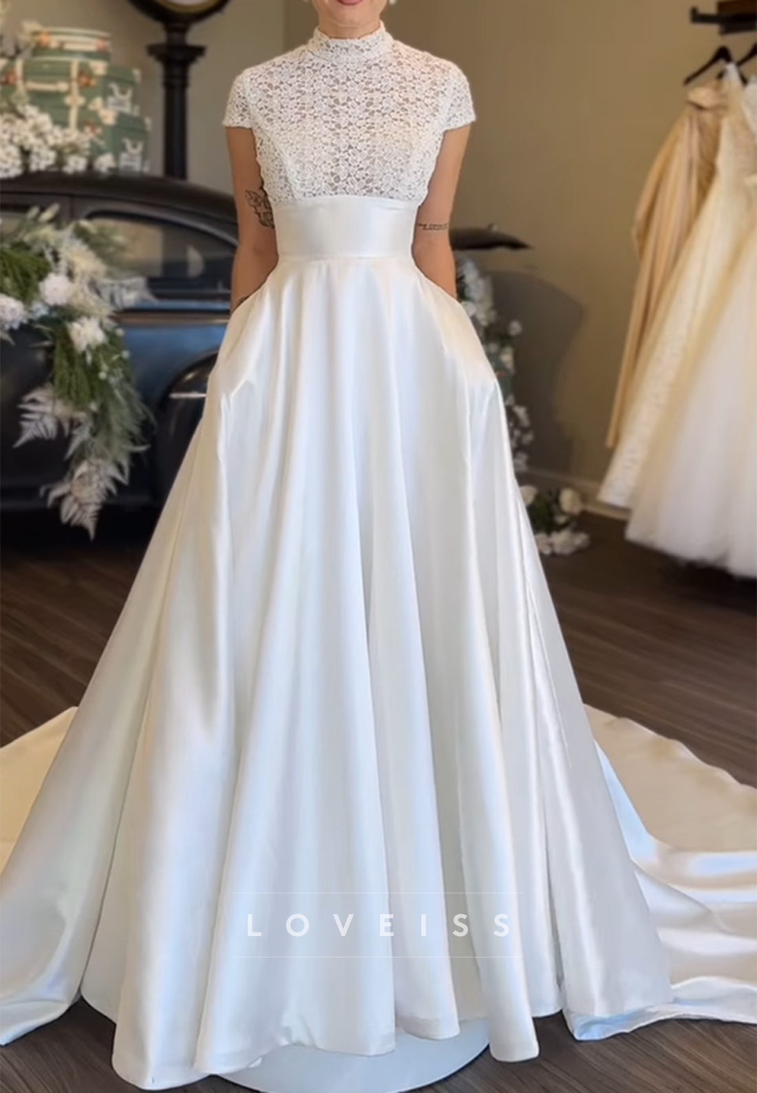 High Neck Cap Sleeves Appliques Satin A-Line Wedding Dress