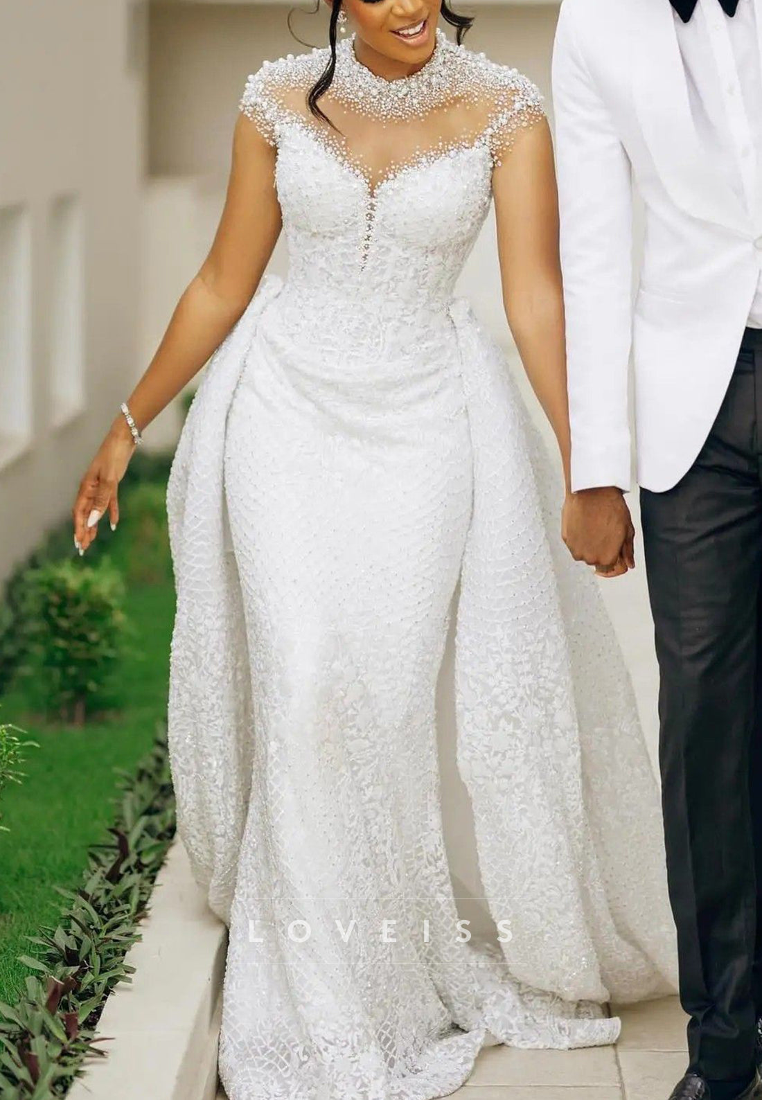 High Neck Cap Sleeves Beaded Lace Appliques Mermaid Wedding Dress