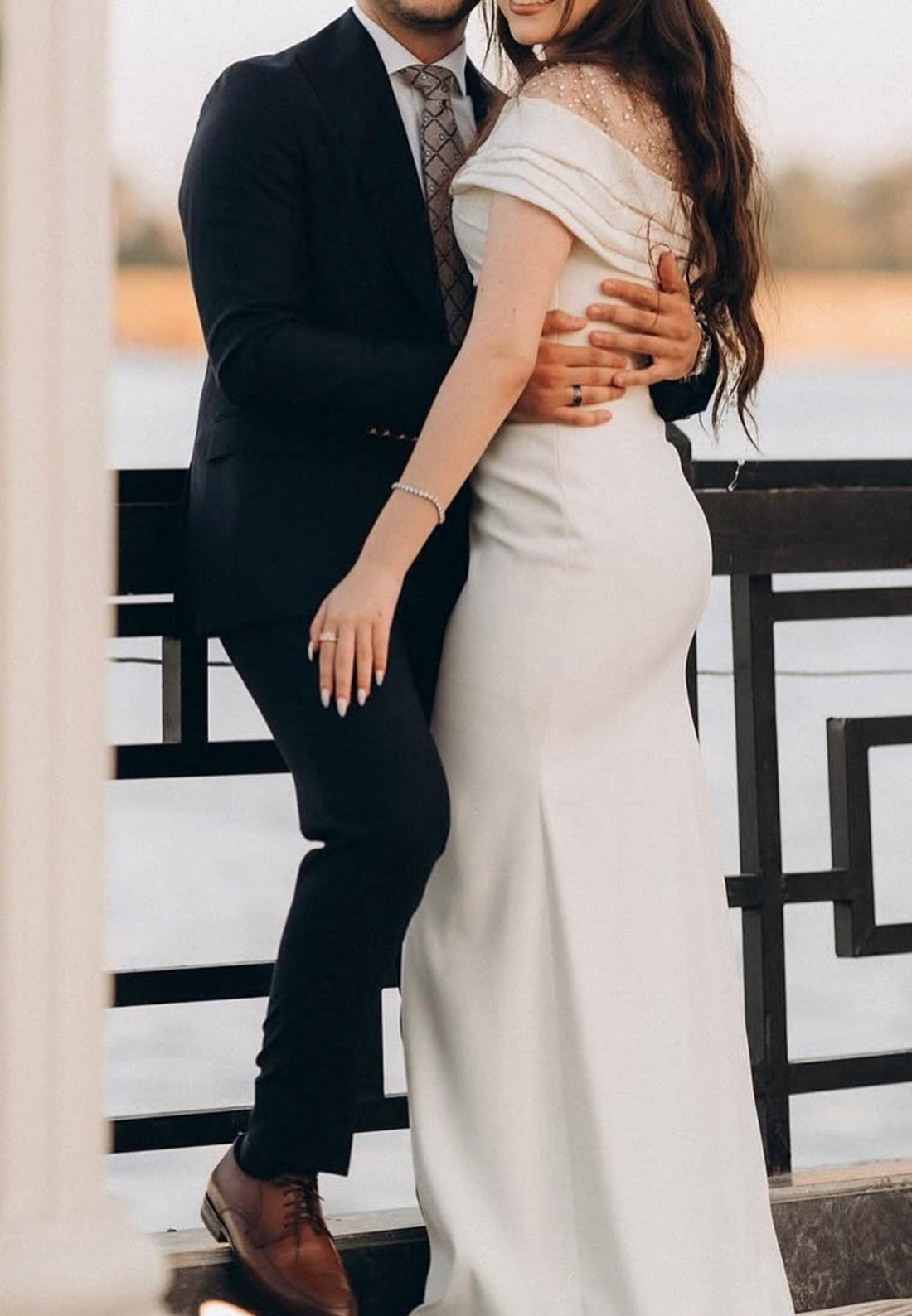 High Neck Cap Sleeves Beaded Sleek Mermaid Wedding Dress