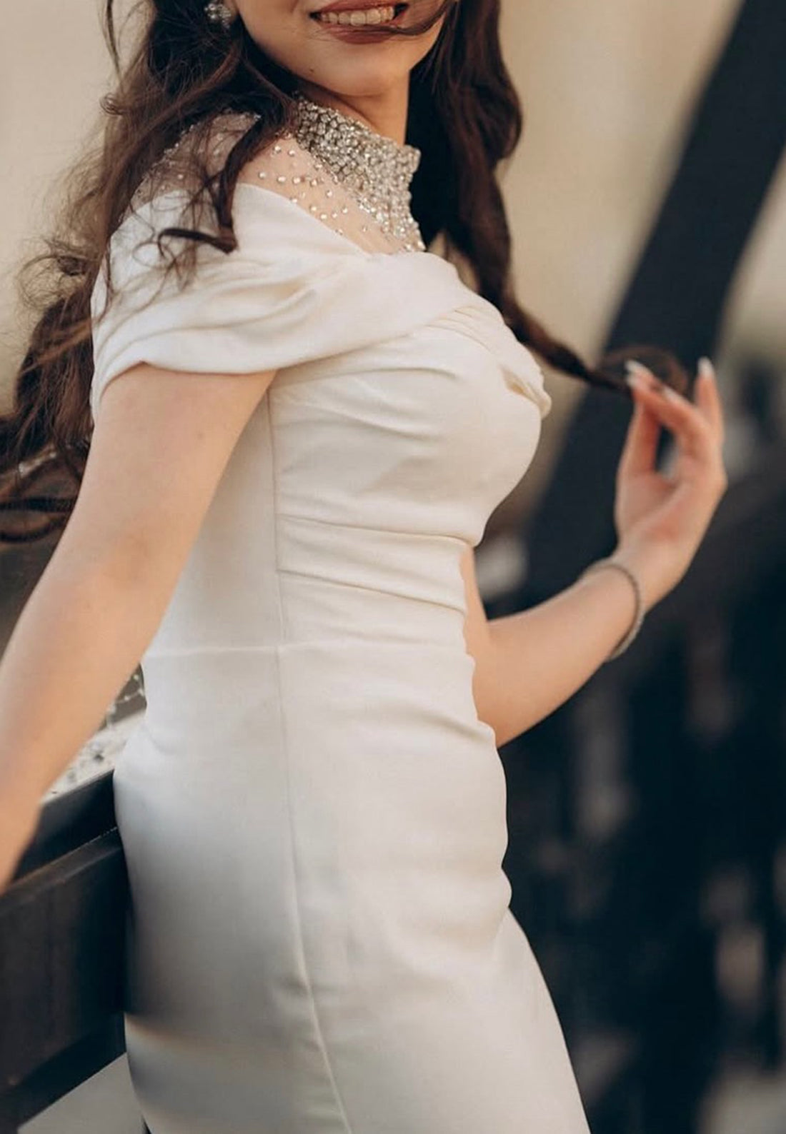 High Neck Cap Sleeves Beaded Sleek Mermaid Wedding Dress